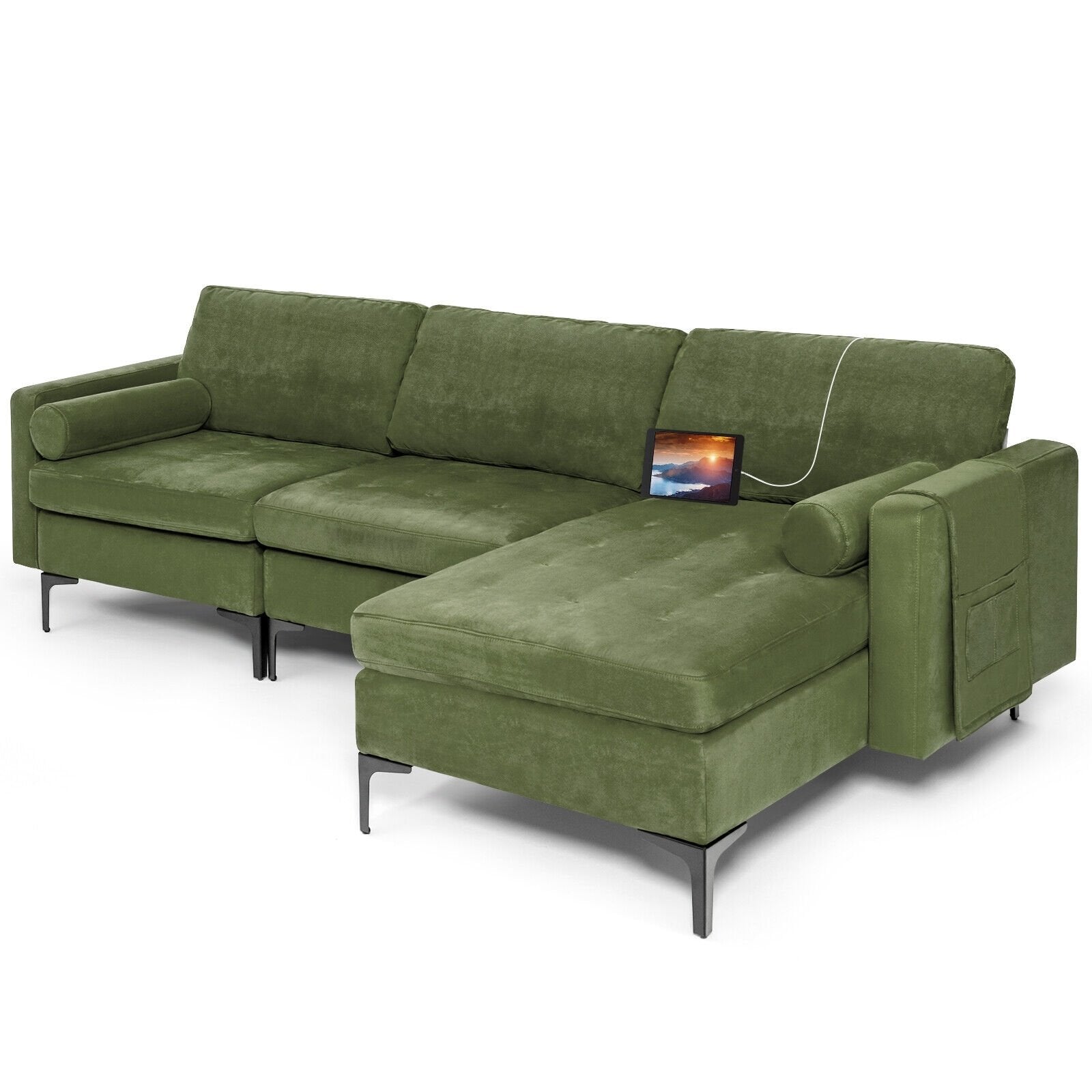 Modular 2-seat/3-Seat/4-Seat L-shaped Sectional Sofa Couch with Reversible Chaise and Socket USB Ports-3-Seat L-shaped, Army Green Sofas & Loveseats   at Gallery Canada