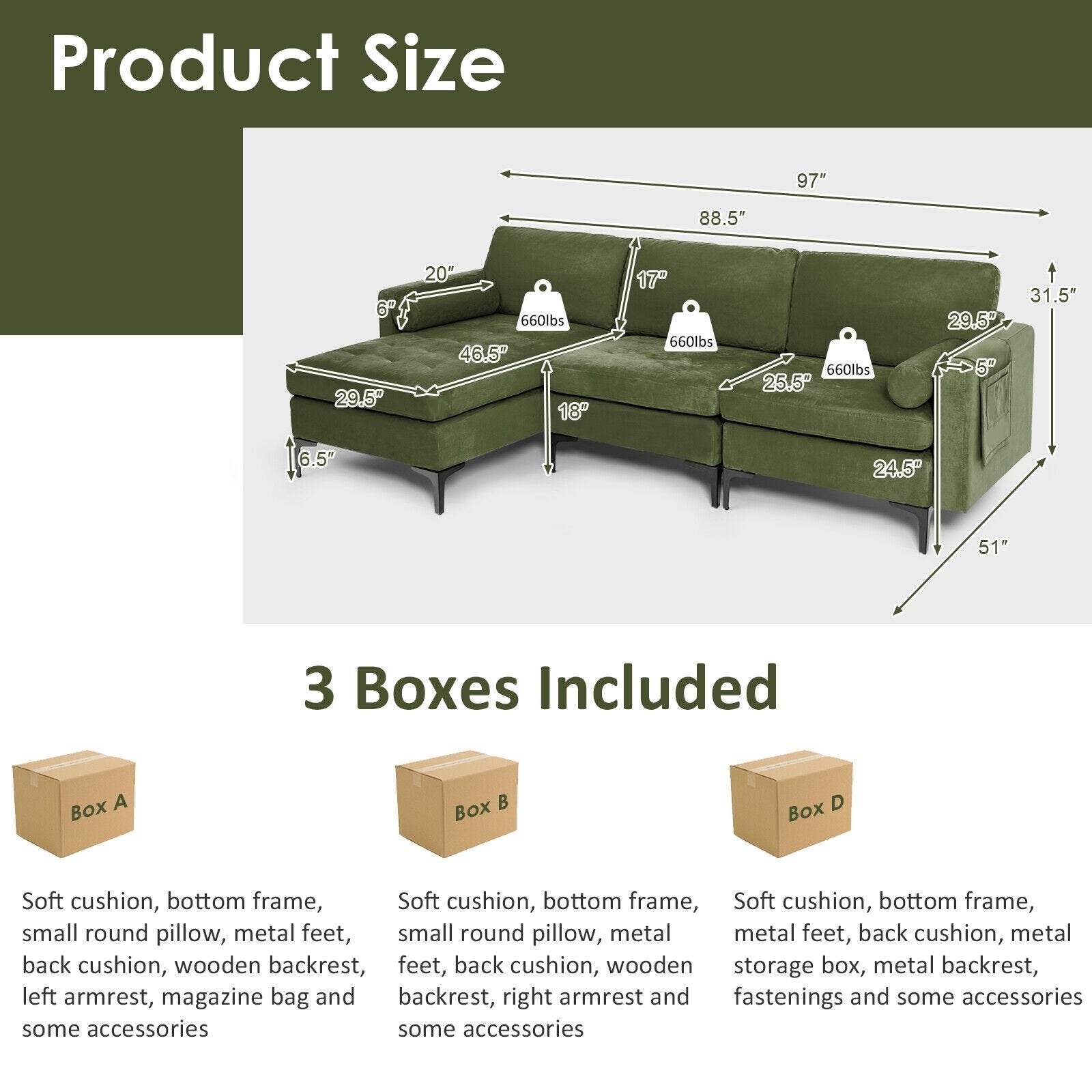 Modular 2-seat/3-Seat/4-Seat L-shaped Sectional Sofa Couch with Reversible Chaise and Socket USB Ports-3-Seat L-shaped, Army Green Sofas & Loveseats   at Gallery Canada