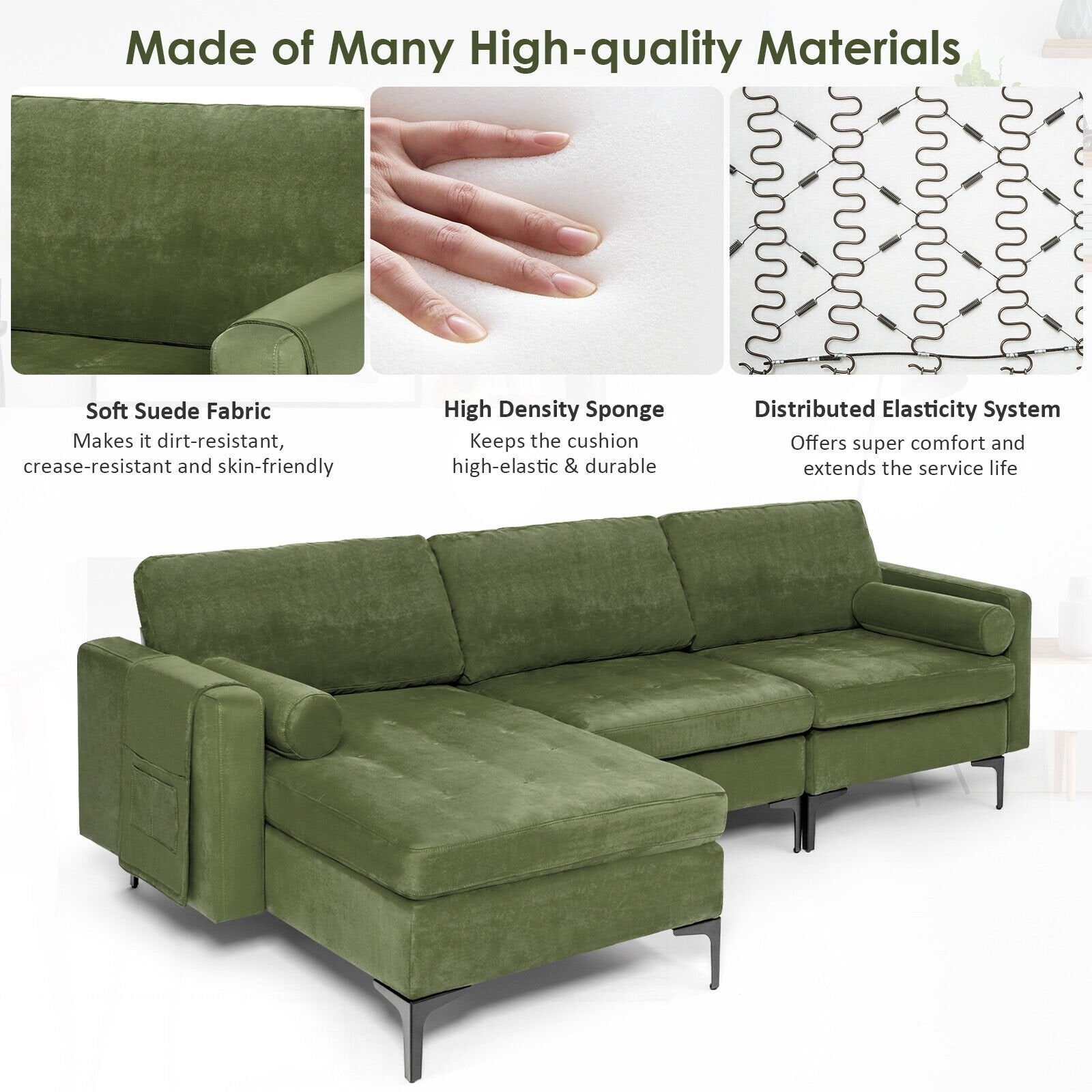 Modular 2-seat/3-Seat/4-Seat L-shaped Sectional Sofa Couch with Reversible Chaise and Socket USB Ports-3-Seat L-shaped, Army Green Sofas & Loveseats   at Gallery Canada