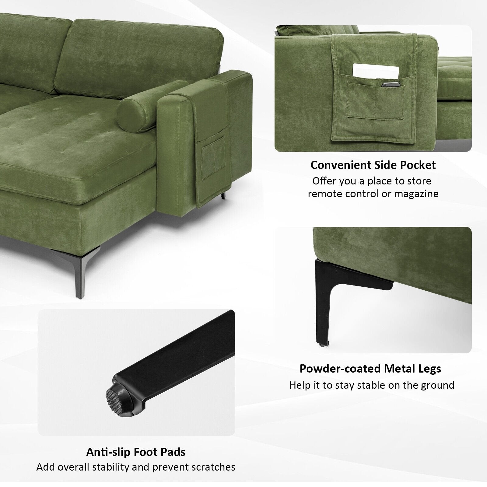 Modular 2-seat/3-Seat/4-Seat L-shaped Sectional Sofa Couch with Reversible Chaise and Socket USB Ports-3-Seat L-shaped, Army Green Sofas & Loveseats   at Gallery Canada