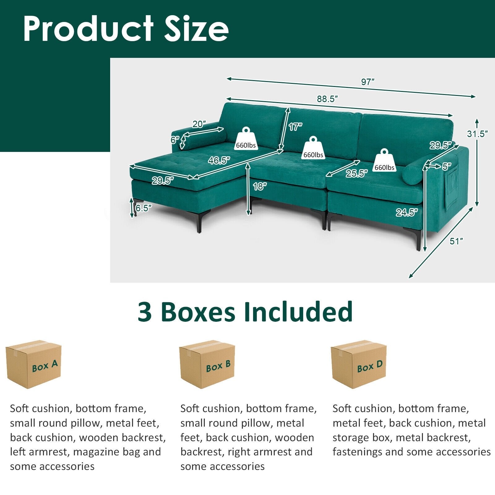 Modular 1/2/3/4-Seat L-Shaped Sectional Sofa Couch with Socket USB Port-3-Seat L-shaped, Teal Sofas & Loveseats   at Gallery Canada