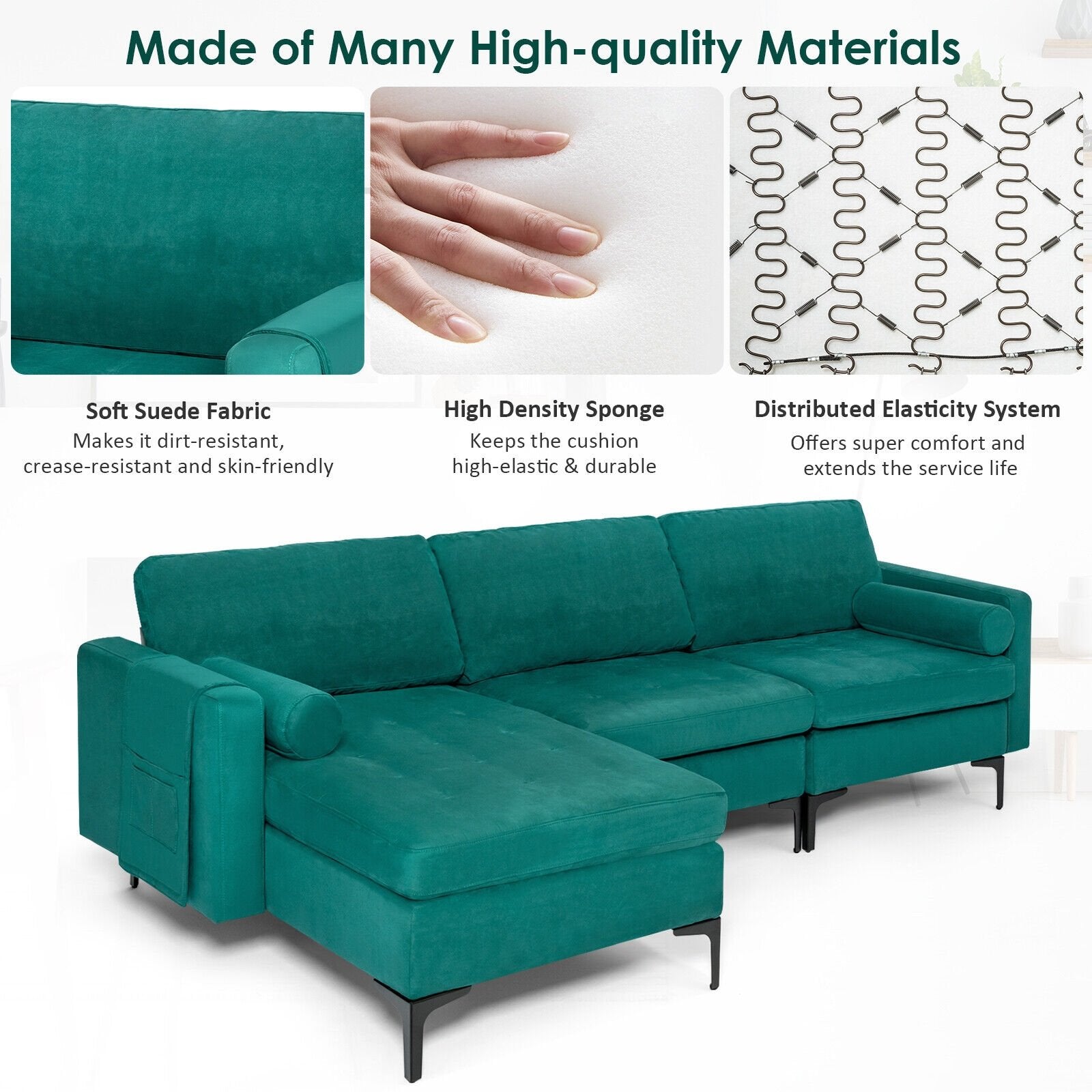 Modular 1/2/3/4-Seat L-Shaped Sectional Sofa Couch with Socket USB Port-3-Seat L-shaped, Teal Sofas & Loveseats   at Gallery Canada