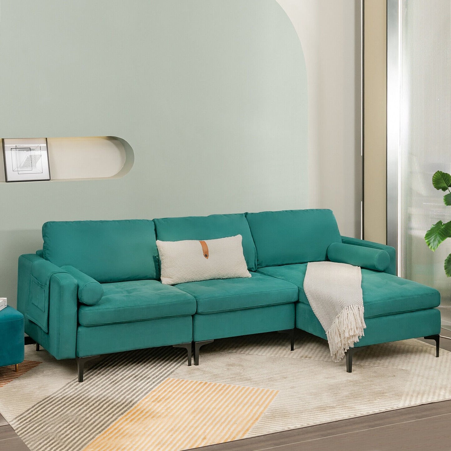 Modular 1/2/3/4-Seat L-Shaped Sectional Sofa Couch with Socket USB Port-3-Seat L-shaped, Teal Sofas & Loveseats   at Gallery Canada