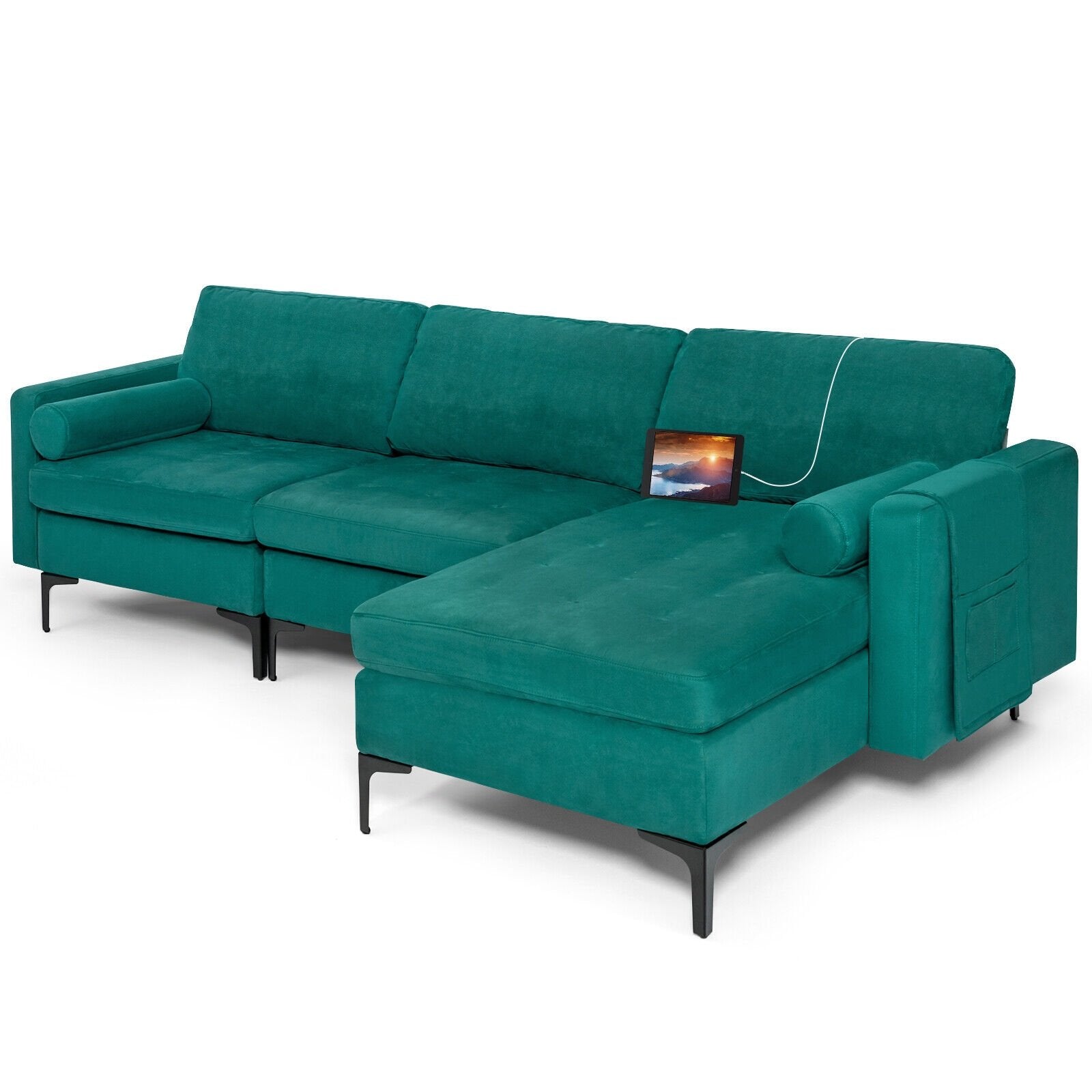 Modular 1/2/3/4-Seat L-Shaped Sectional Sofa Couch with Socket USB Port-3-Seat L-shaped, Teal Sofas & Loveseats   at Gallery Canada