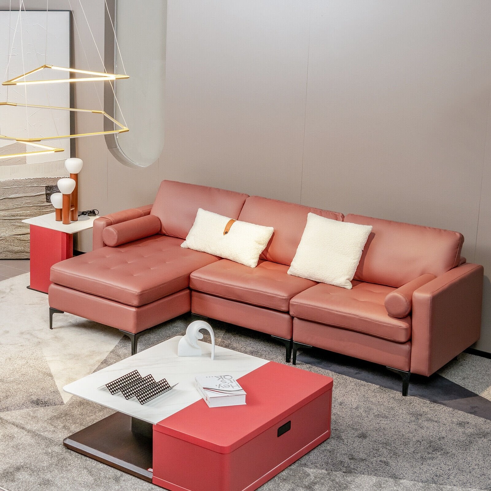 Modular L-shaped Sectional Sofa with Reversible Chaise and 2 USB Ports, Pink Sofas & Loveseats   at Gallery Canada