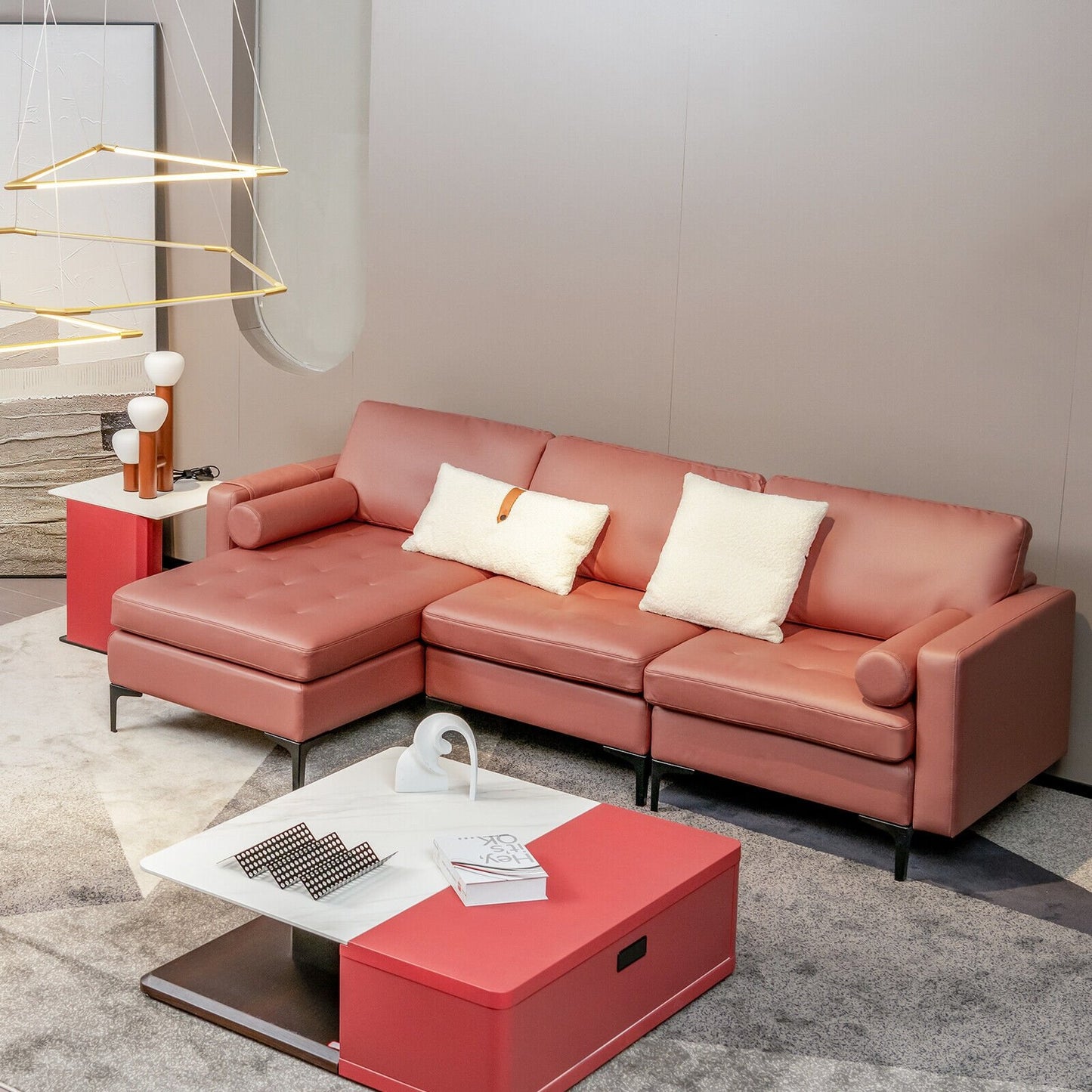 Modular L-shaped Sectional Sofa with Reversible Chaise and 2 USB Ports, Pink - Gallery Canada