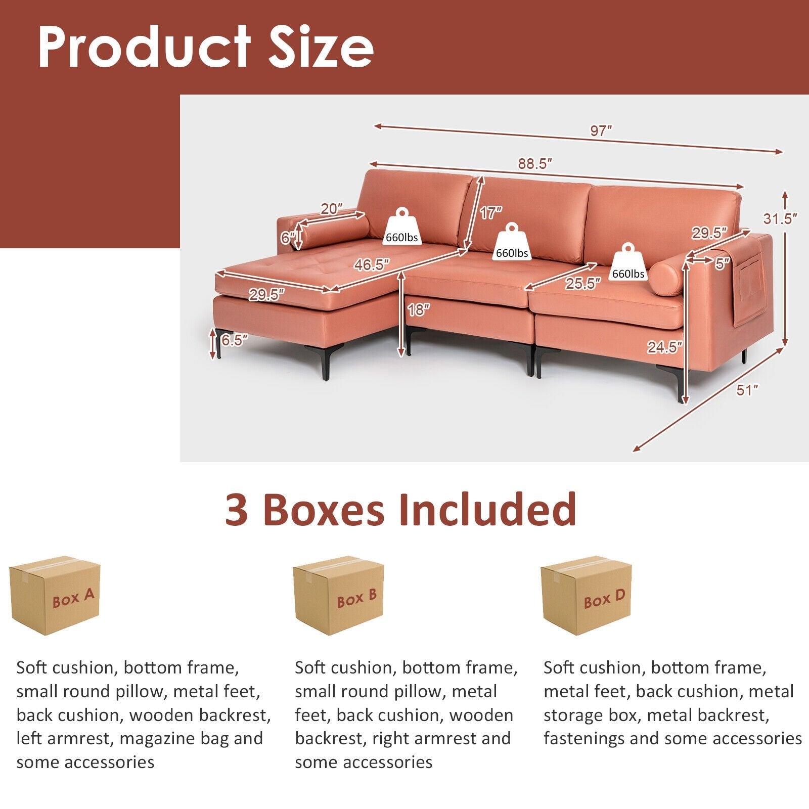 Modular L-shaped Sectional Sofa with Reversible Chaise and 2 USB Ports, Pink Sofas & Loveseats   at Gallery Canada