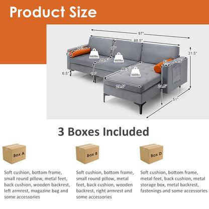 Modular L-shaped 3-Seat Sectional Sofa with Reversible Chaise and 2 USB Ports, Gray Sofas & Loveseats   at Gallery Canada