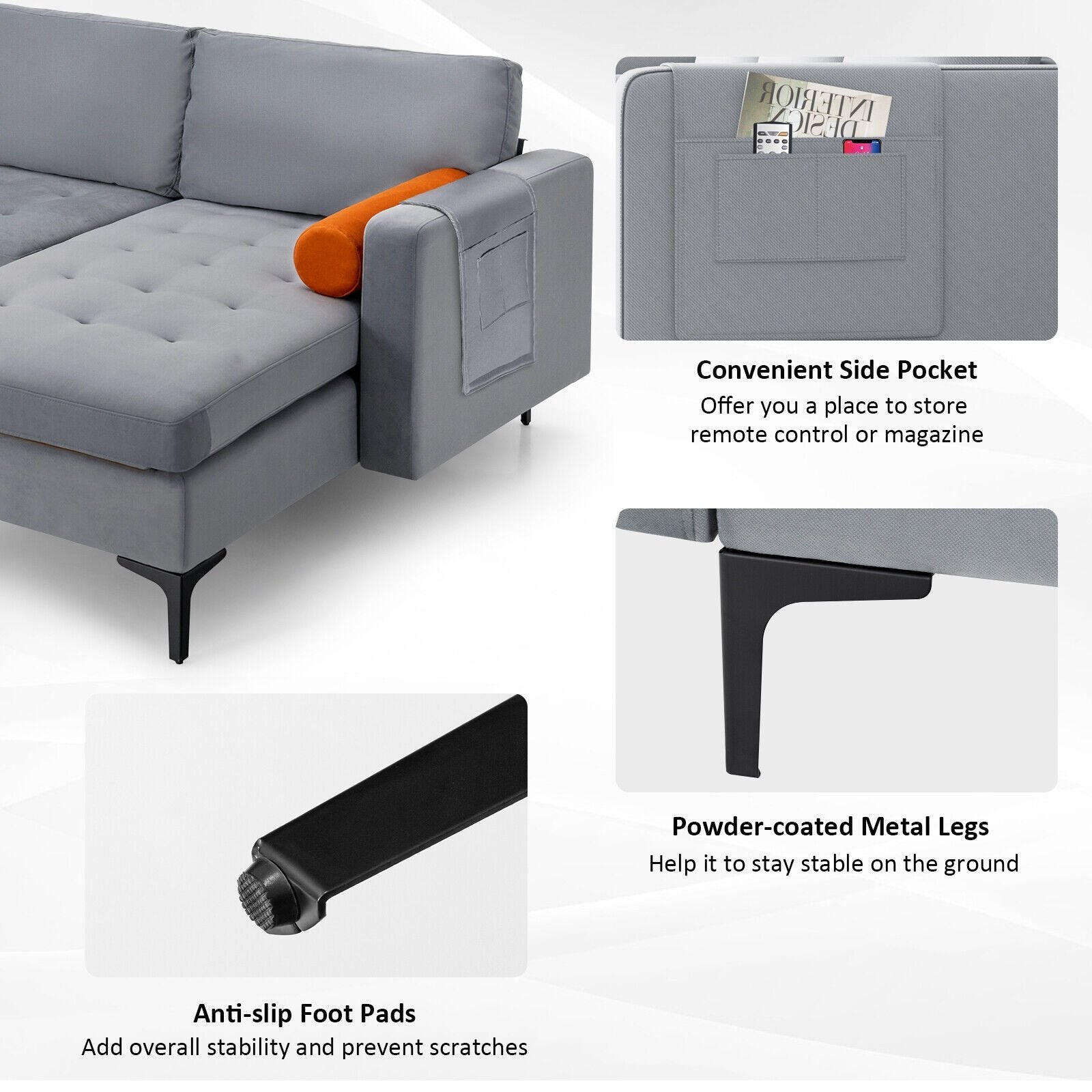 Modular L-shaped 3-Seat Sectional Sofa with Reversible Chaise and 2 USB Ports, Gray Sofas & Loveseats   at Gallery Canada