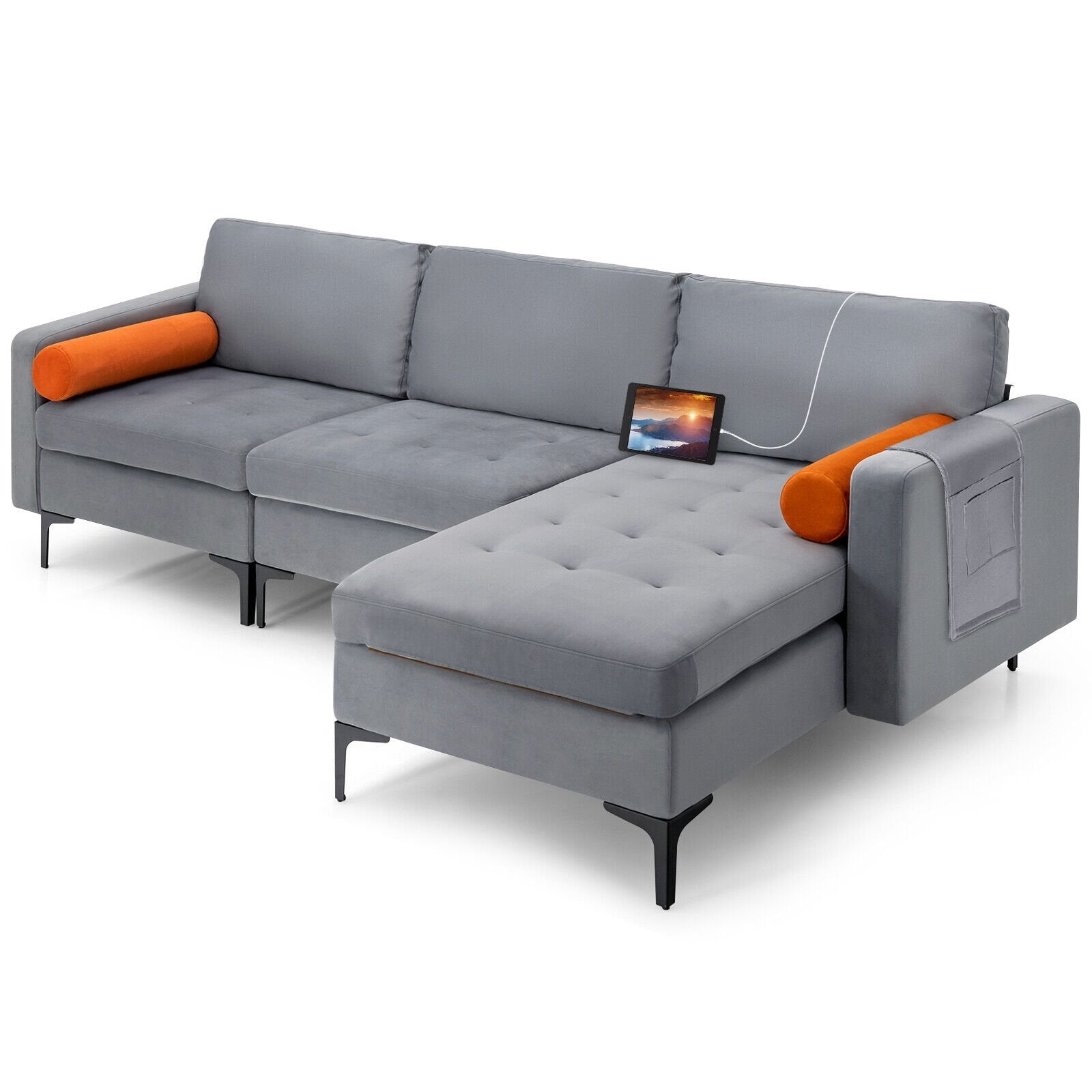 Modular L-shaped 3-Seat Sectional Sofa with Reversible Chaise and 2 USB Ports, Gray Sofas & Loveseats   at Gallery Canada