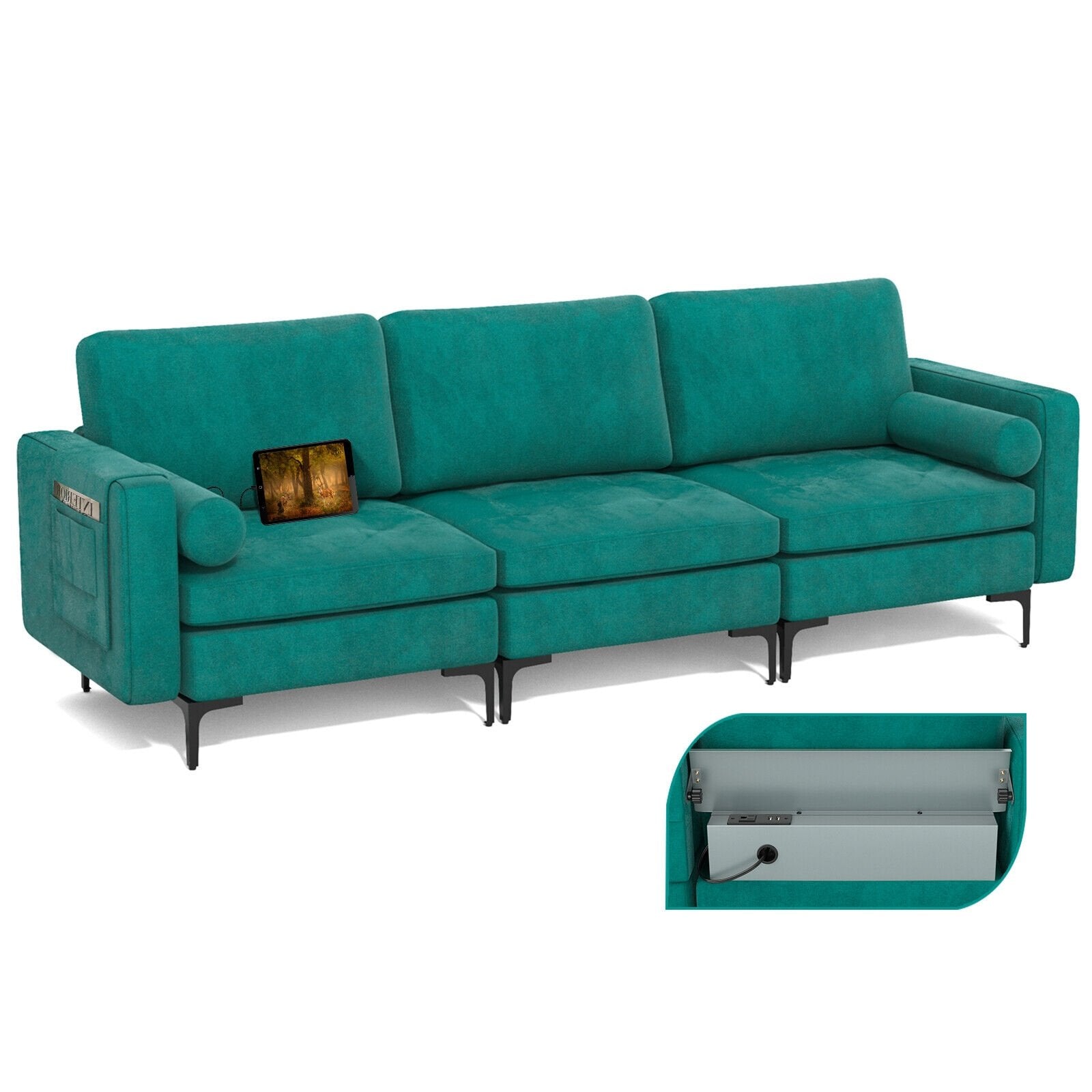 Modular 1/2/3/4-Seat L-Shaped Sectional Sofa Couch with Socket USB Port-3-Seat with USB port, Teal Sofas & Loveseats   at Gallery Canada