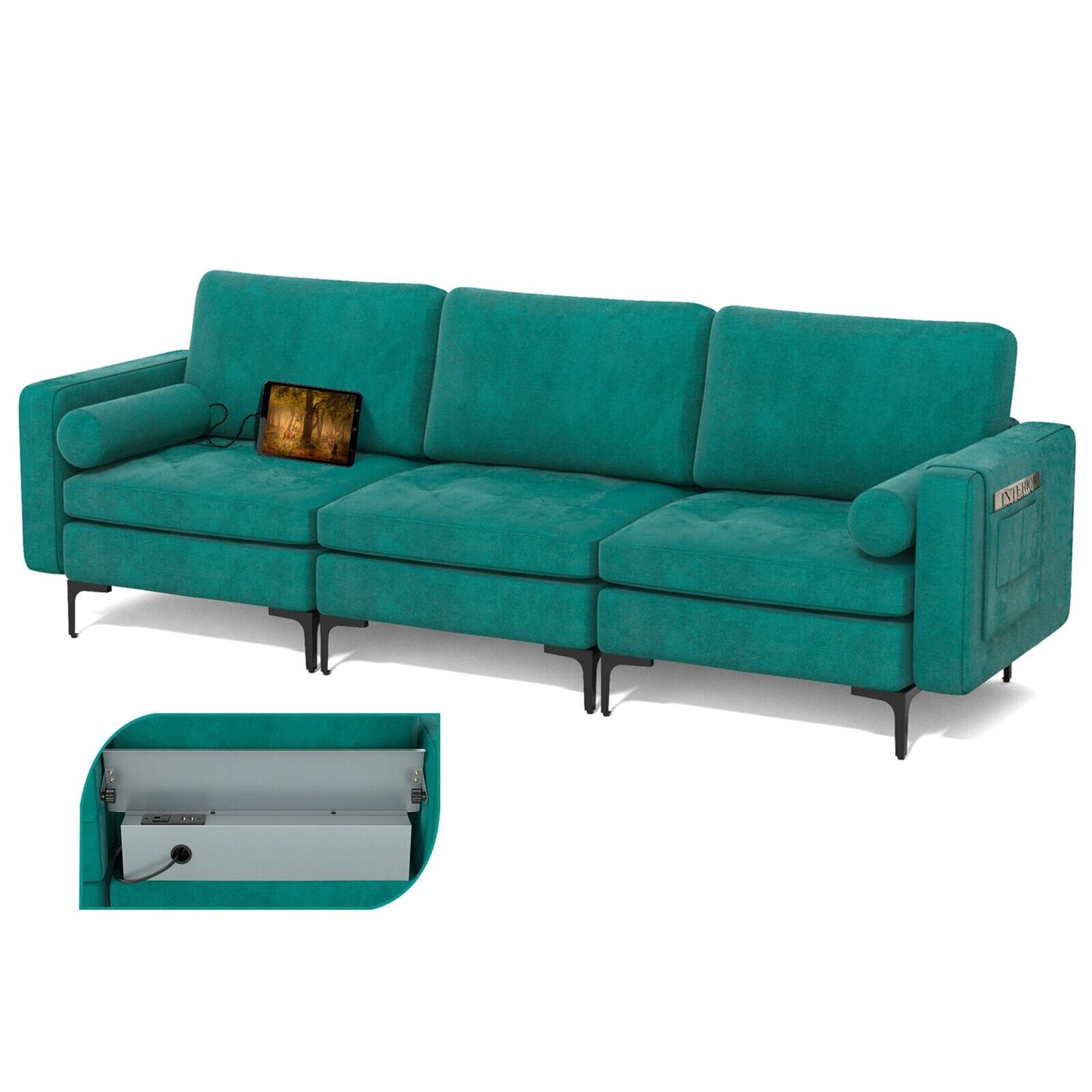 Modular 1/2/3/4-Seat L-Shaped Sectional Sofa Couch with Socket USB Port-3-Seat with USB port, Teal Sofas & Loveseats   at Gallery Canada