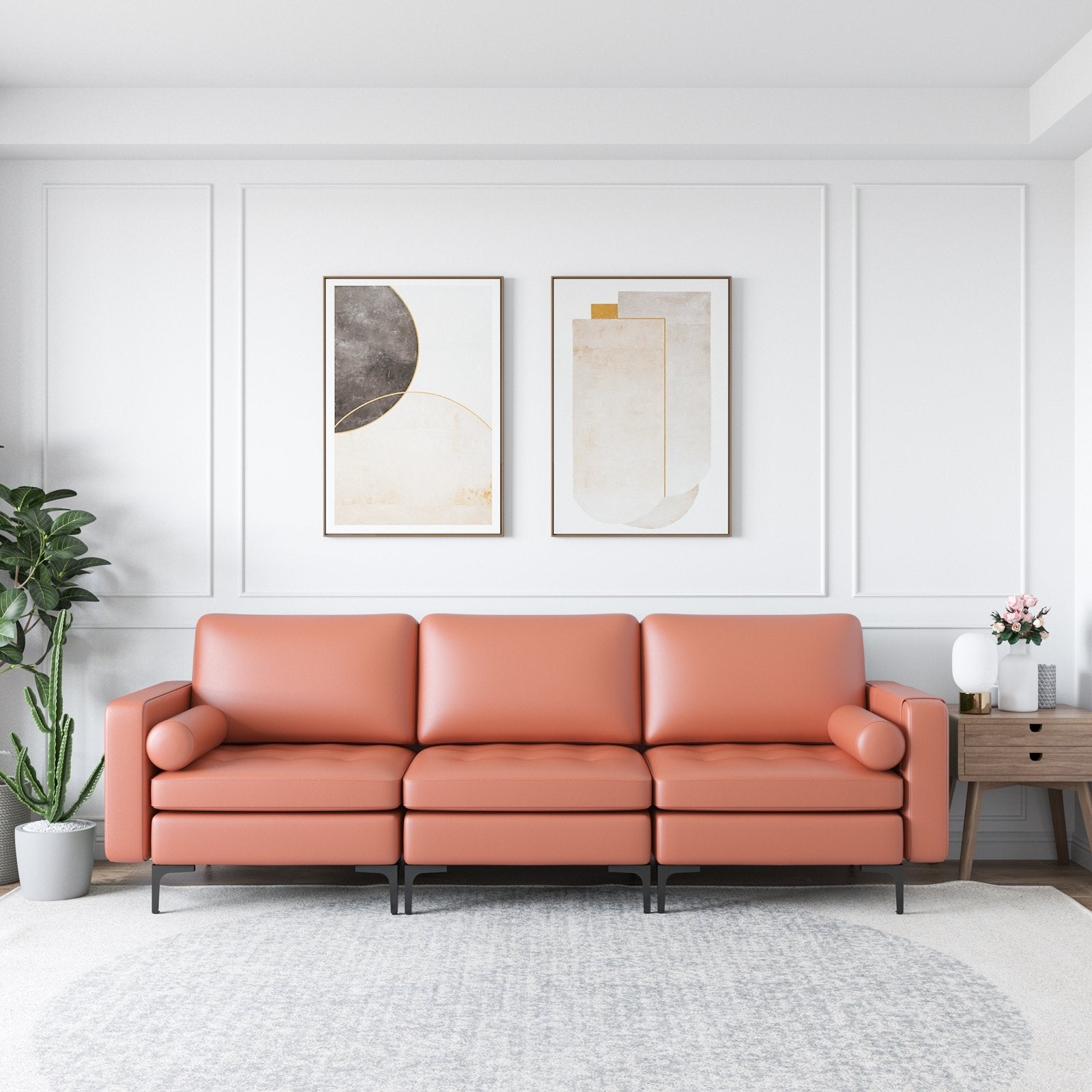 Modular 3-Seat Sofa Couch with Socket USB Ports and Side Storage Pocket, Pink Sofas & Loveseats   at Gallery Canada