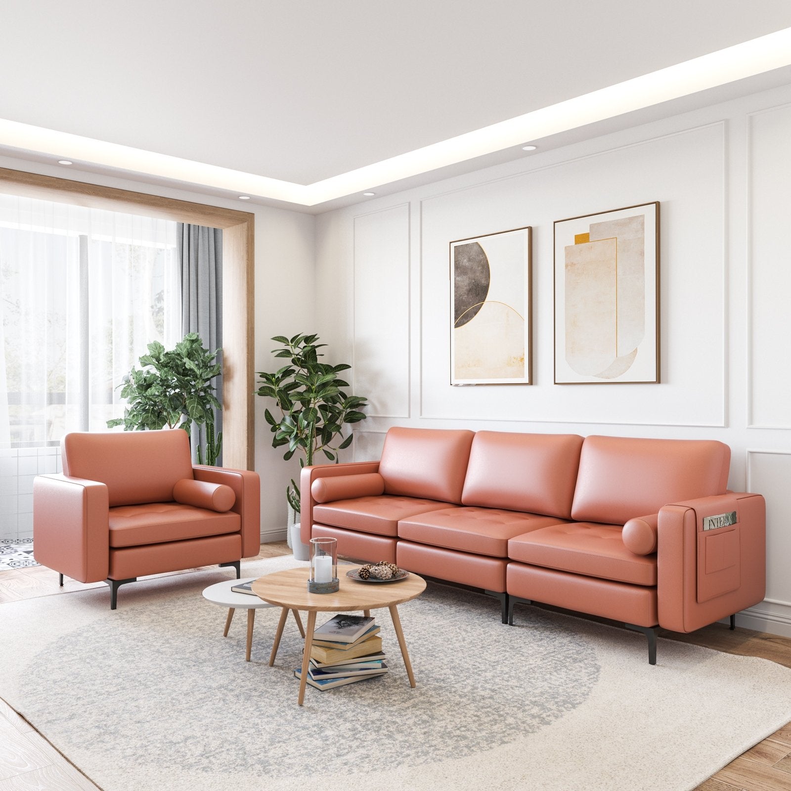 Modular 3-Seat Sofa Couch with Socket USB Ports and Side Storage Pocket, Pink Sofas & Loveseats   at Gallery Canada