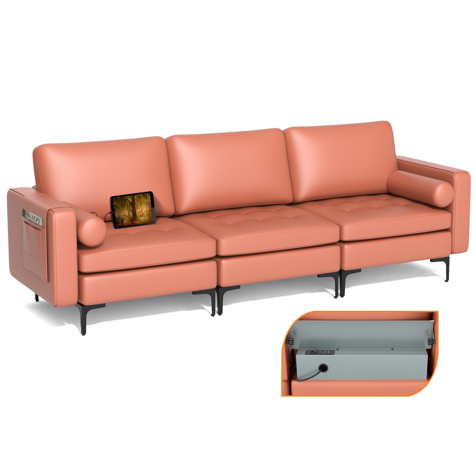 Modular 3-Seat Sofa Couch with Socket USB Ports and Side Storage Pocket, Pink Sofas & Loveseats   at Gallery Canada