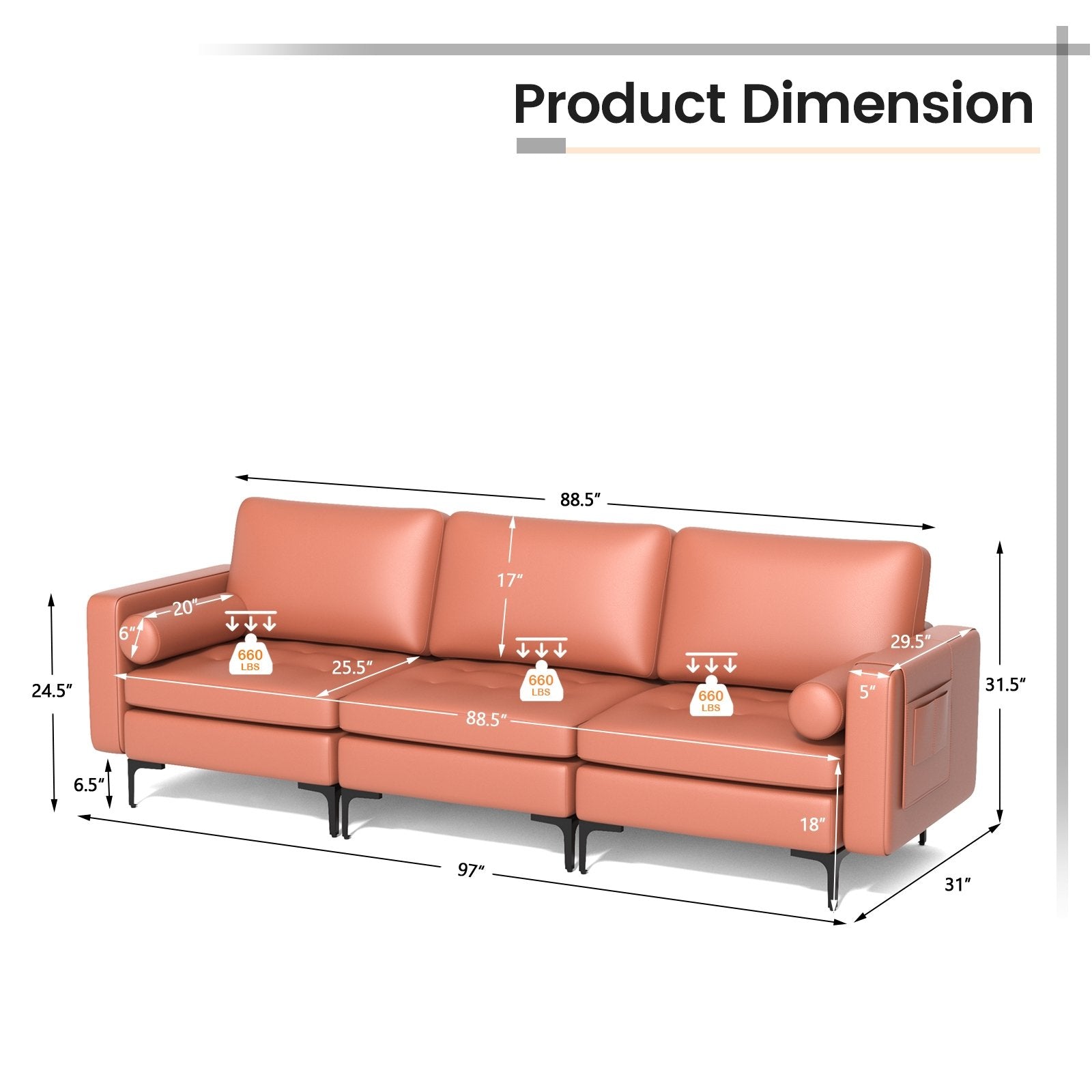 Modular 3-Seat Sofa Couch with Socket USB Ports and Side Storage Pocket, Pink Sofas & Loveseats   at Gallery Canada