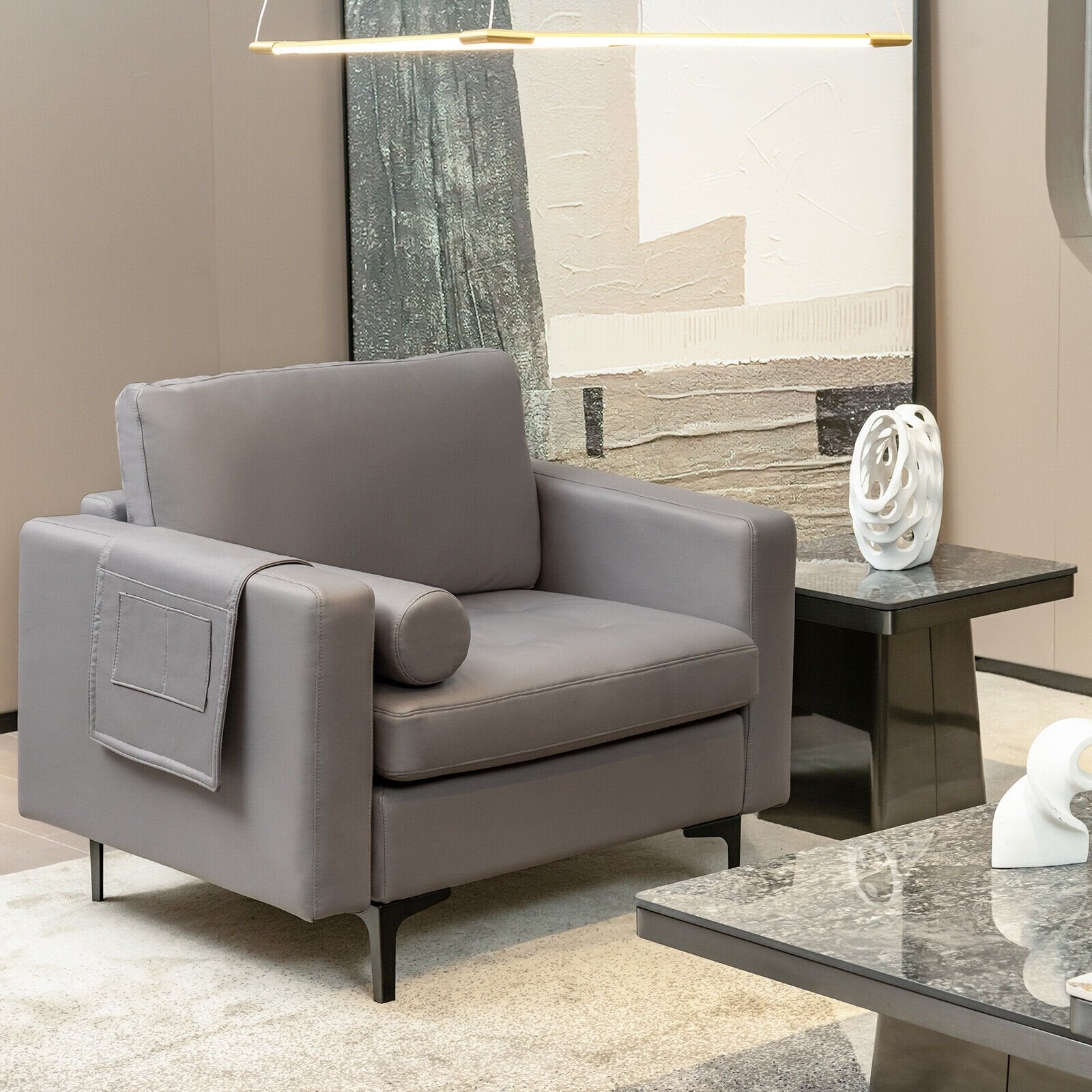 Modern Single Sofa with Cushion Bolster and Side Storage Pocket, Light Gray Accent Chairs   at Gallery Canada