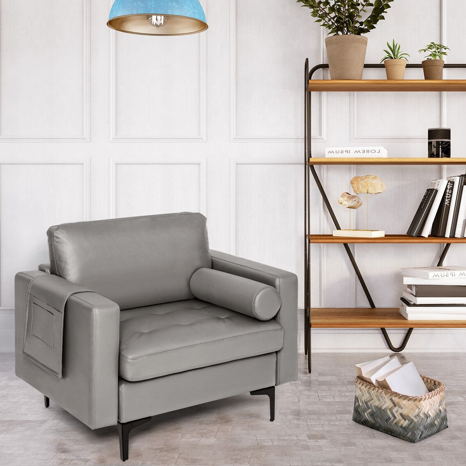 Modern Single Sofa with Cushion Bolster and Side Storage Pocket, Light Gray Accent Chairs   at Gallery Canada