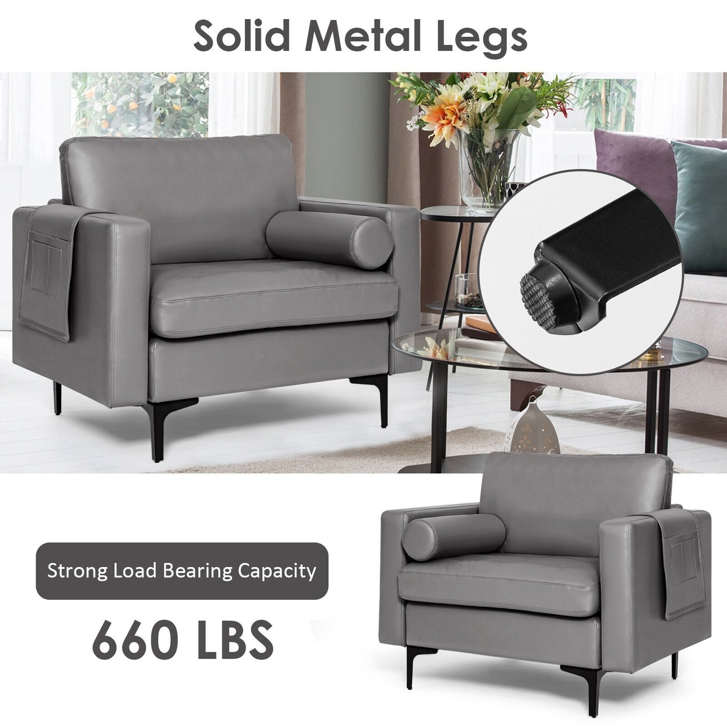 Modern Single Sofa with Cushion Bolster and Side Storage Pocket, Light Gray Accent Chairs   at Gallery Canada