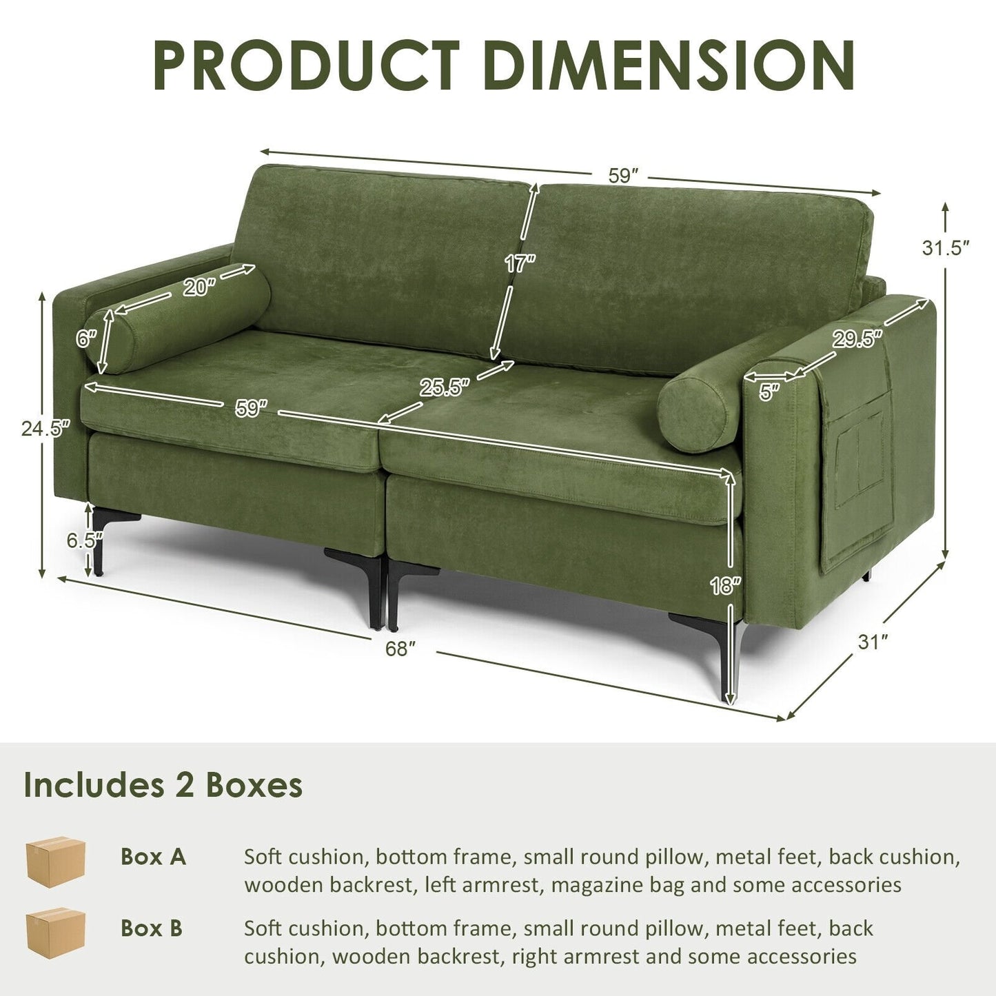 Modular 2-seat/3-Seat/4-Seat L-shaped Sectional Sofa Couch with Reversible Chaise and Socket USB Ports-2-Seat, Army Green Sofas & Loveseats   at Gallery Canada