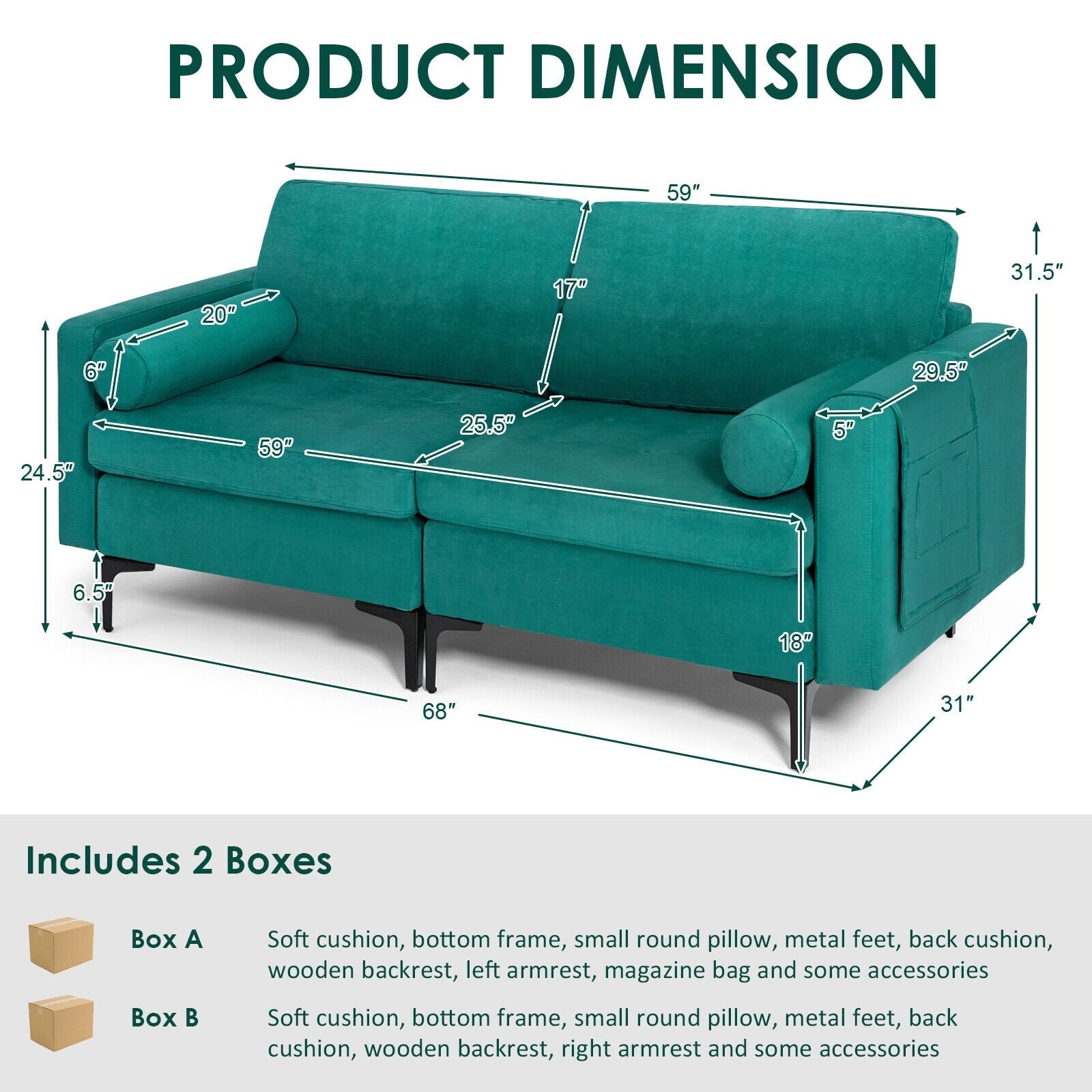 Modular 1/2/3/4-Seat L-Shaped Sectional Sofa Couch with Socket USB Port-2-Seat, Turquoise Sofas & Loveseats   at Gallery Canada