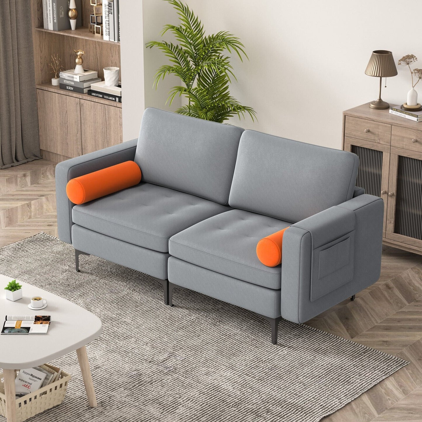 Modern Loveseat Sofa with 2 Bolsters and Side Storage Pocket, Gray Sofas & Loveseats   at Gallery Canada