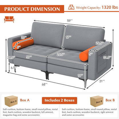 Modern Loveseat Sofa with 2 Bolsters and Side Storage Pocket, Gray Sofas & Loveseats   at Gallery Canada