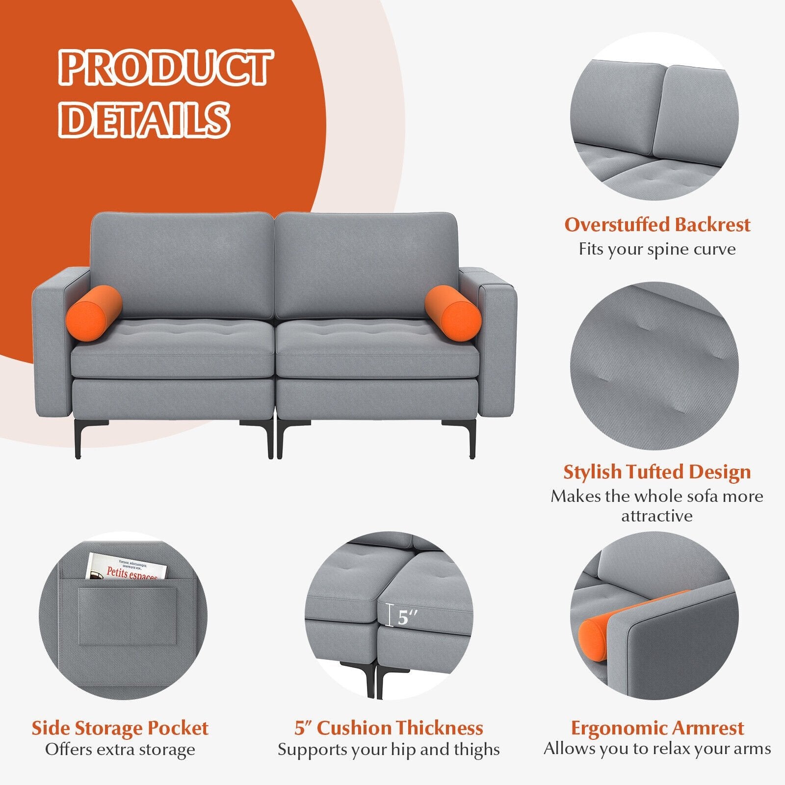 Modern Loveseat Sofa with 2 Bolsters and Side Storage Pocket, Gray Sofas & Loveseats   at Gallery Canada