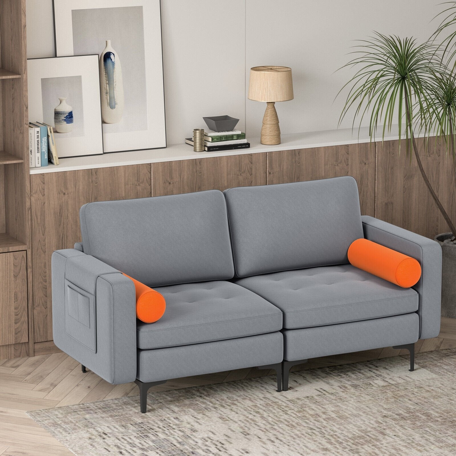 Modern Loveseat Sofa with 2 Bolsters and Side Storage Pocket, Gray Sofas & Loveseats   at Gallery Canada