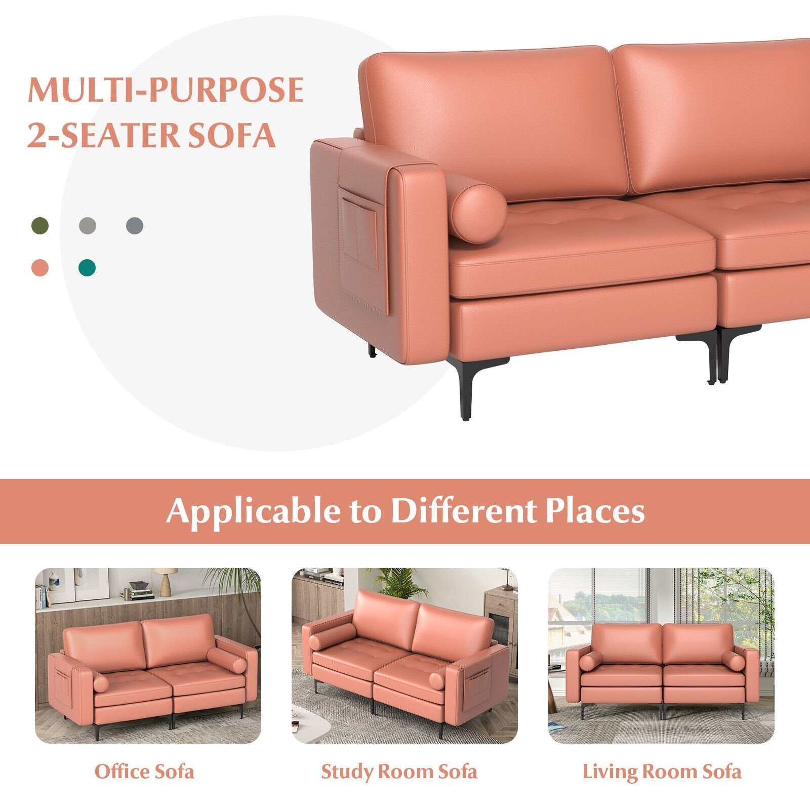 Modern Loveseat Sofa with 2 Bolsters and Side Storage Pocket, Pink Sofas & Loveseats   at Gallery Canada