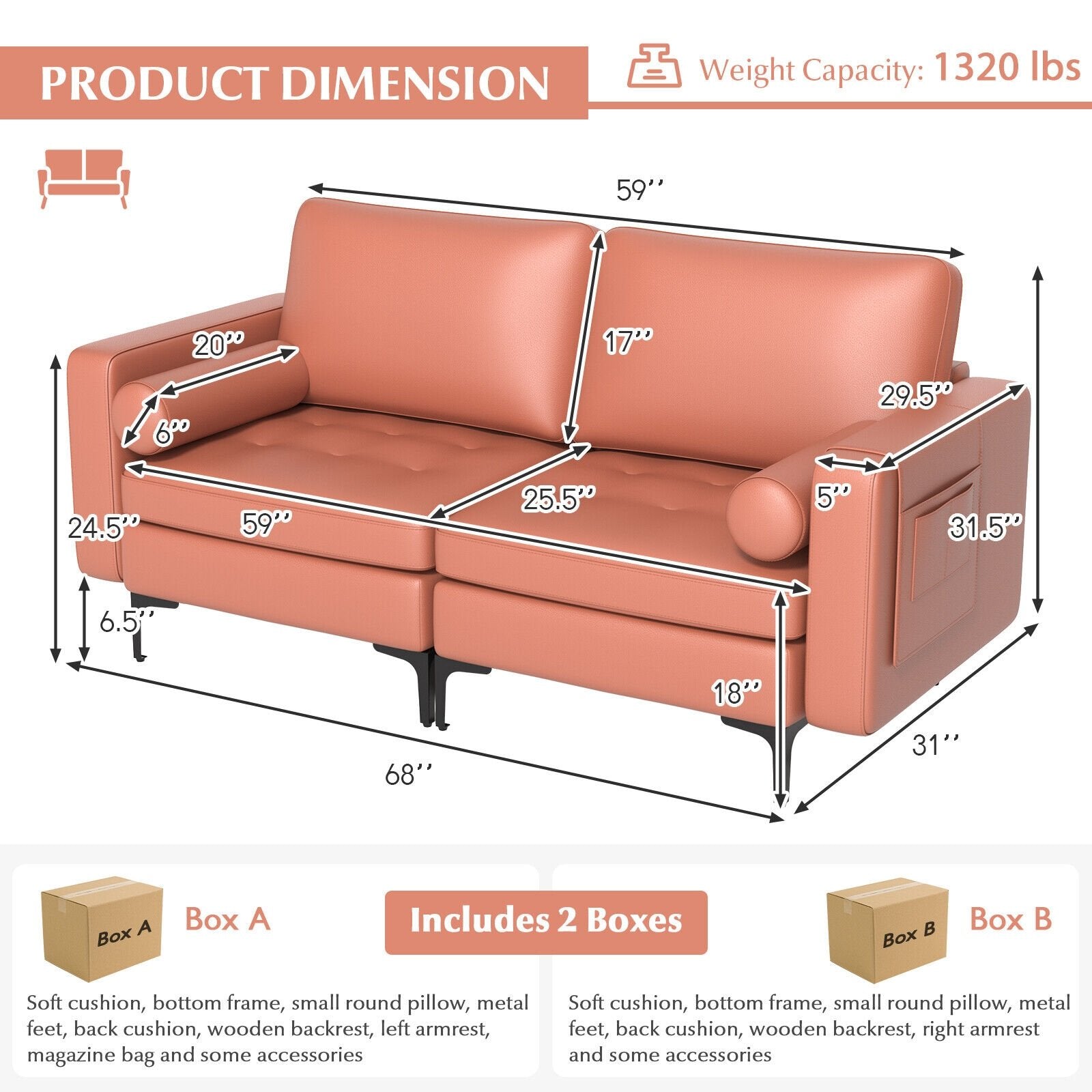 Modern Loveseat Sofa with 2 Bolsters and Side Storage Pocket, Pink Sofas & Loveseats   at Gallery Canada