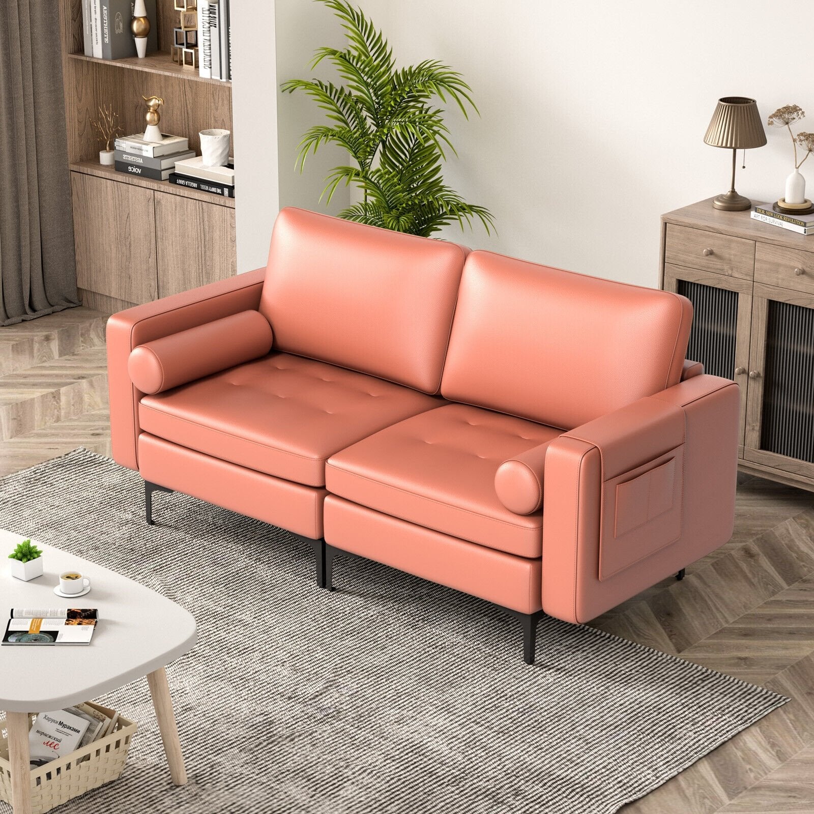 Modern Loveseat Sofa with 2 Bolsters and Side Storage Pocket, Pink Sofas & Loveseats   at Gallery Canada