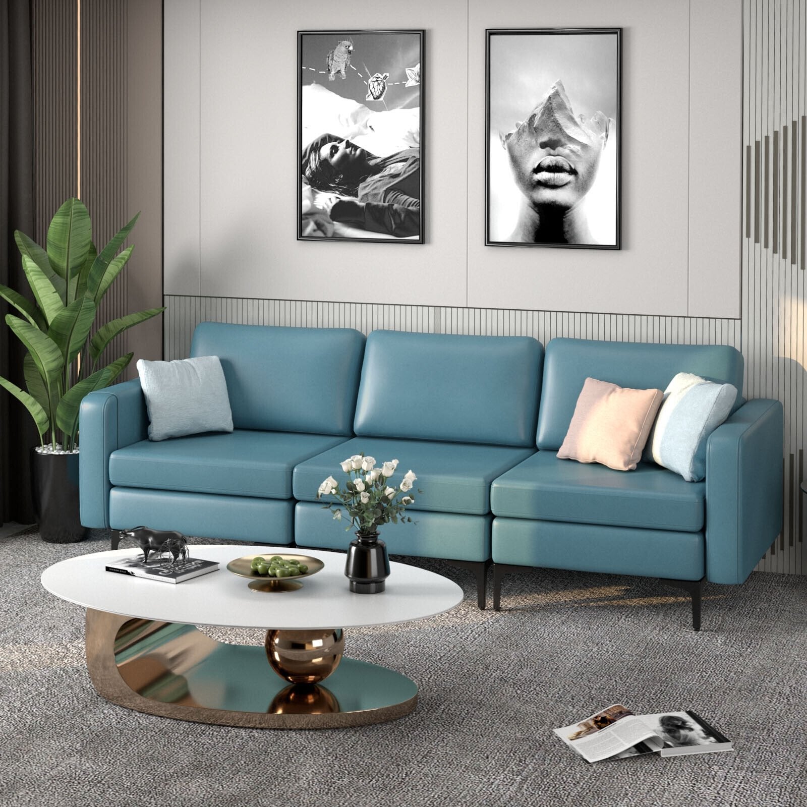 3-Seat Sectional Sofa Couch with Armrest Magazine Pocket and Metal Leg, Blue Sofas & Loveseats   at Gallery Canada