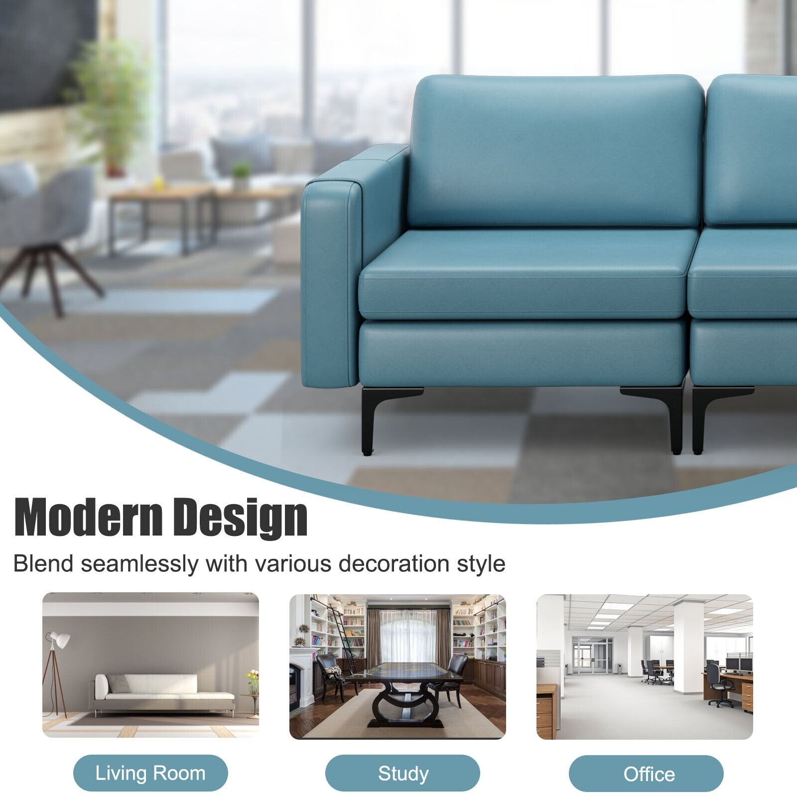 3-Seat Sectional Sofa Couch with Armrest Magazine Pocket and Metal Leg, Blue Sofas & Loveseats   at Gallery Canada