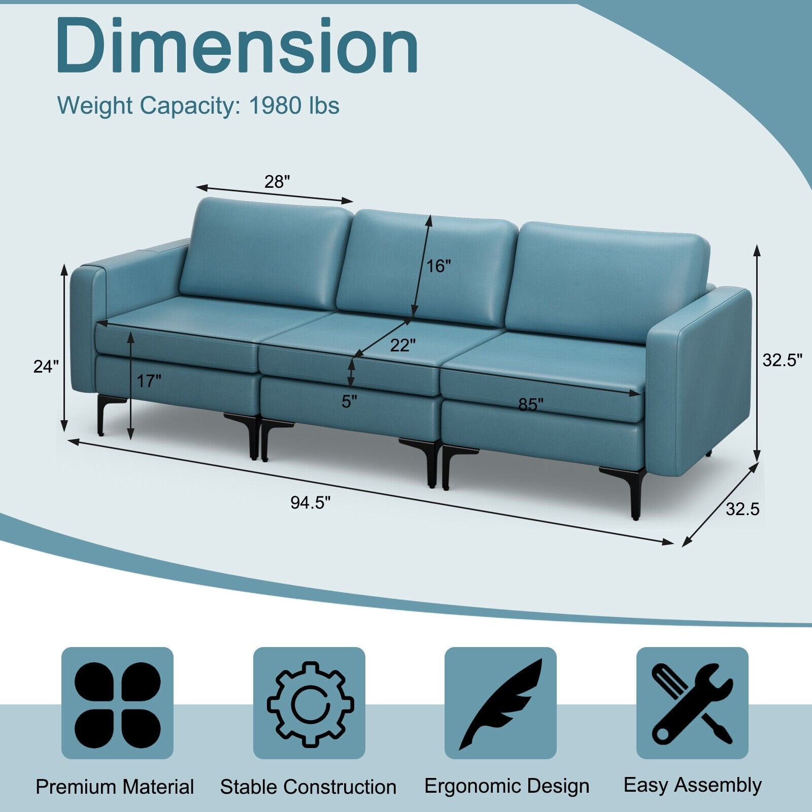 3-Seat Sectional Sofa Couch with Armrest Magazine Pocket and Metal Leg, Blue Sofas & Loveseats   at Gallery Canada