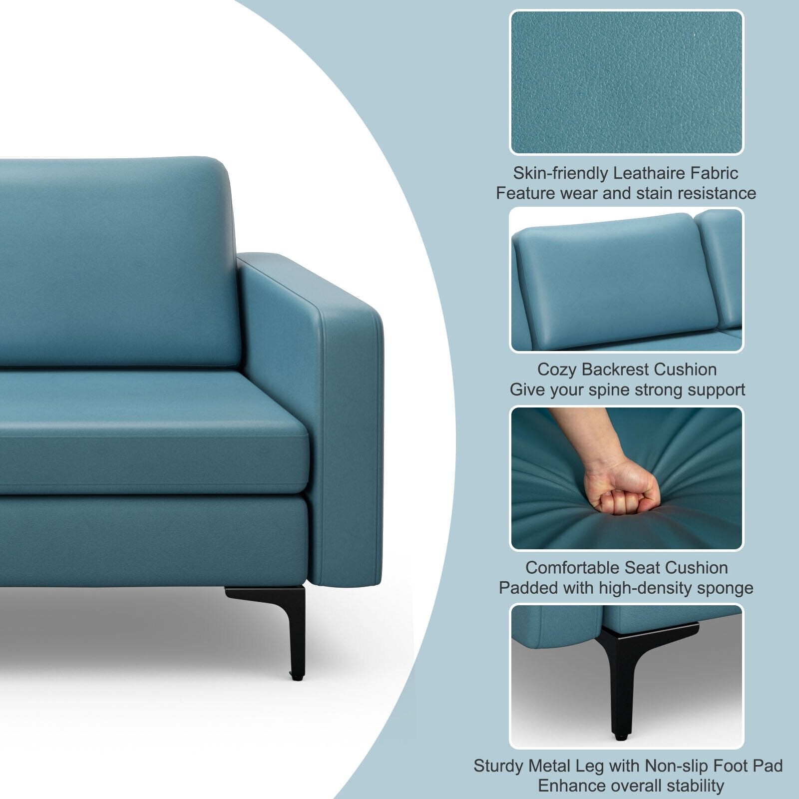 3-Seat Sectional Sofa Couch with Armrest Magazine Pocket and Metal Leg, Blue Sofas & Loveseats   at Gallery Canada