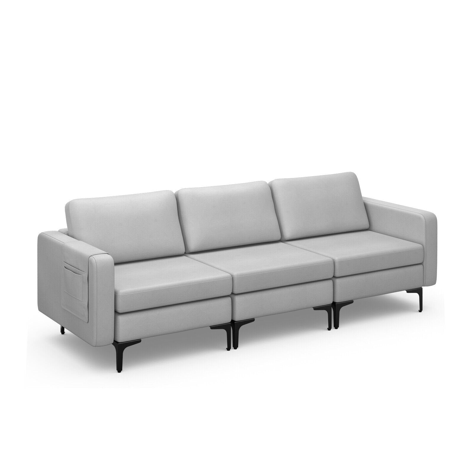 3-Seat Sectional Sofa Couch with Armrest Magazine Pocket and Metal Leg, Light Gray Sofas & Loveseats   at Gallery Canada