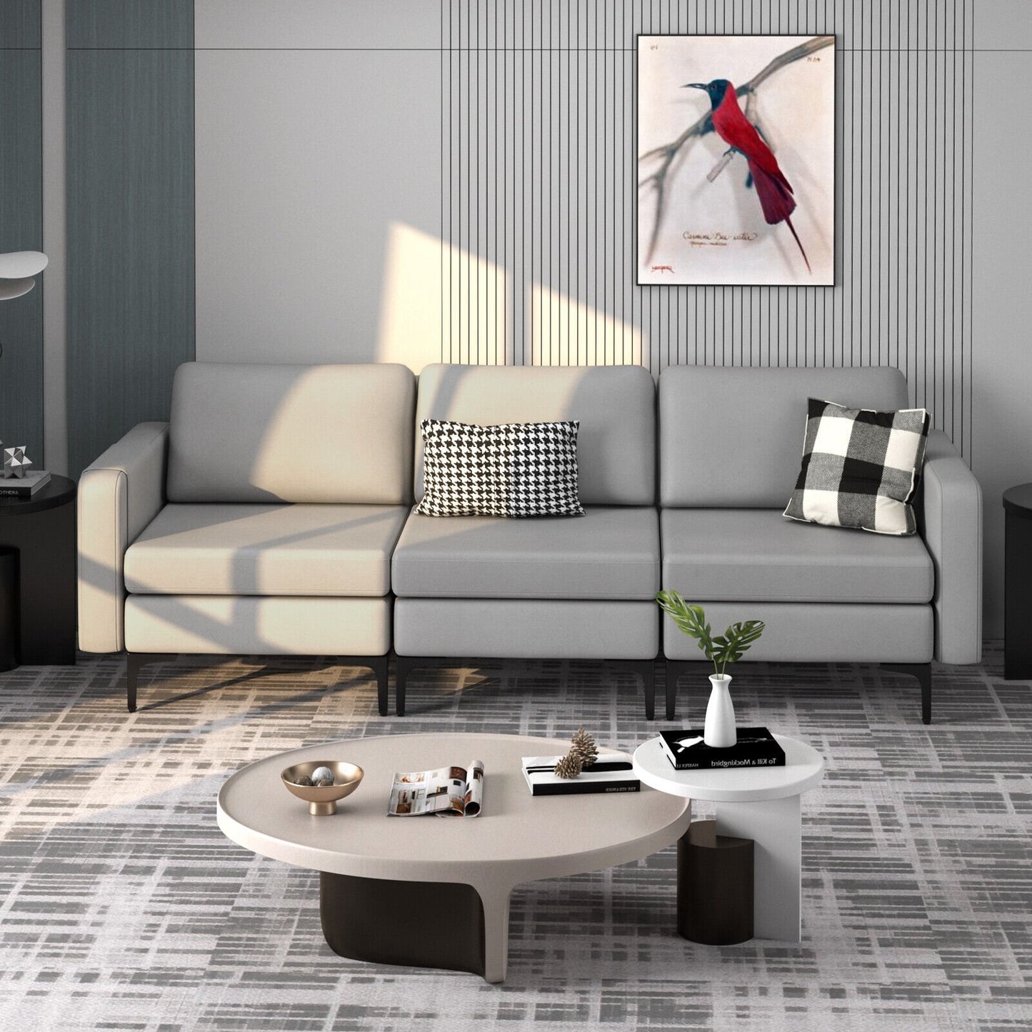 3-Seat Sectional Sofa Couch with Armrest Magazine Pocket and Metal Leg, Light Gray Sofas & Loveseats   at Gallery Canada