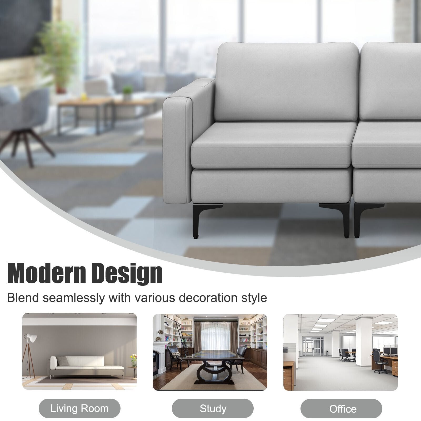 3-Seat Sectional Sofa Couch with Armrest Magazine Pocket and Metal Leg, Light Gray Sofas & Loveseats   at Gallery Canada