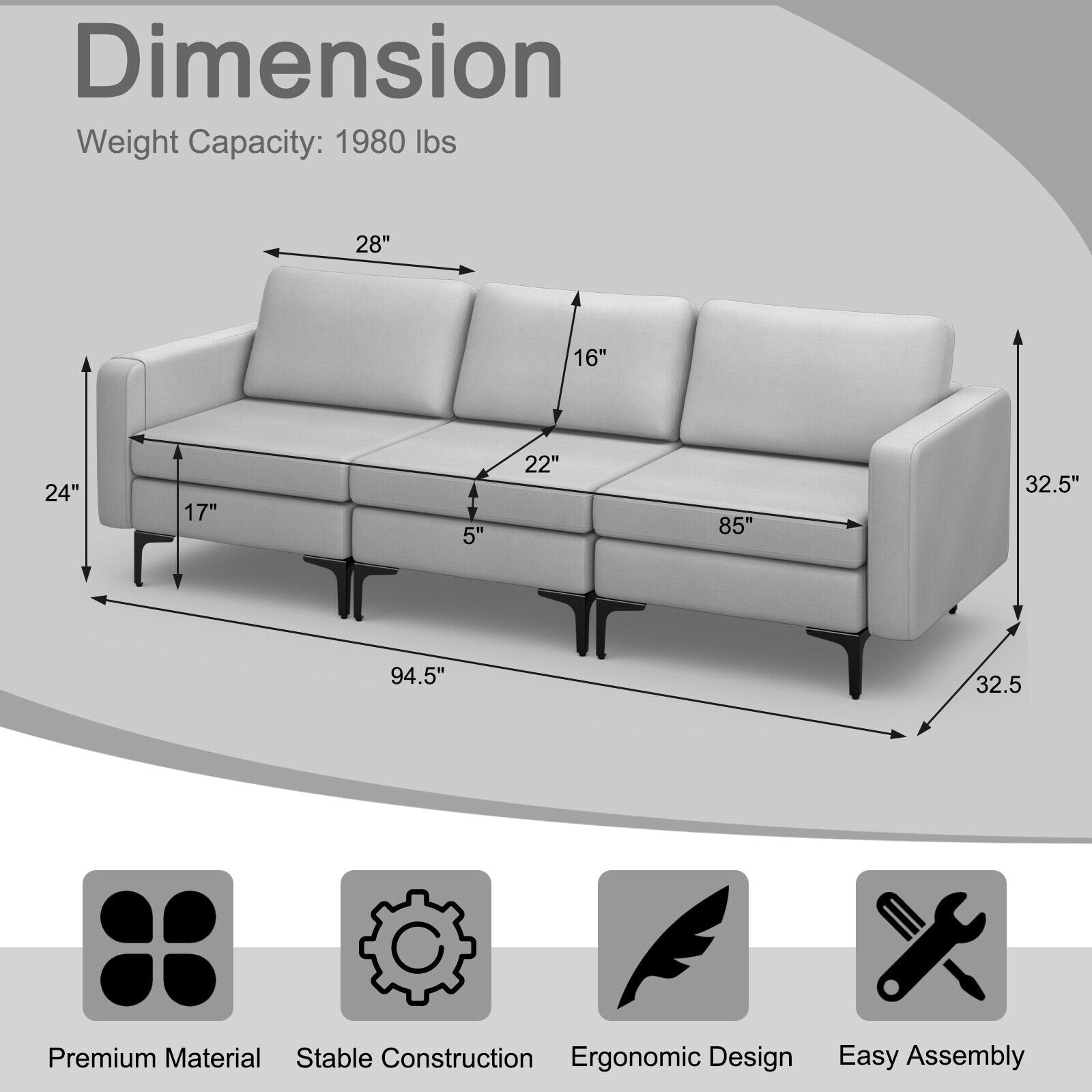 3-Seat Sectional Sofa Couch with Armrest Magazine Pocket and Metal Leg, Light Gray Sofas & Loveseats   at Gallery Canada