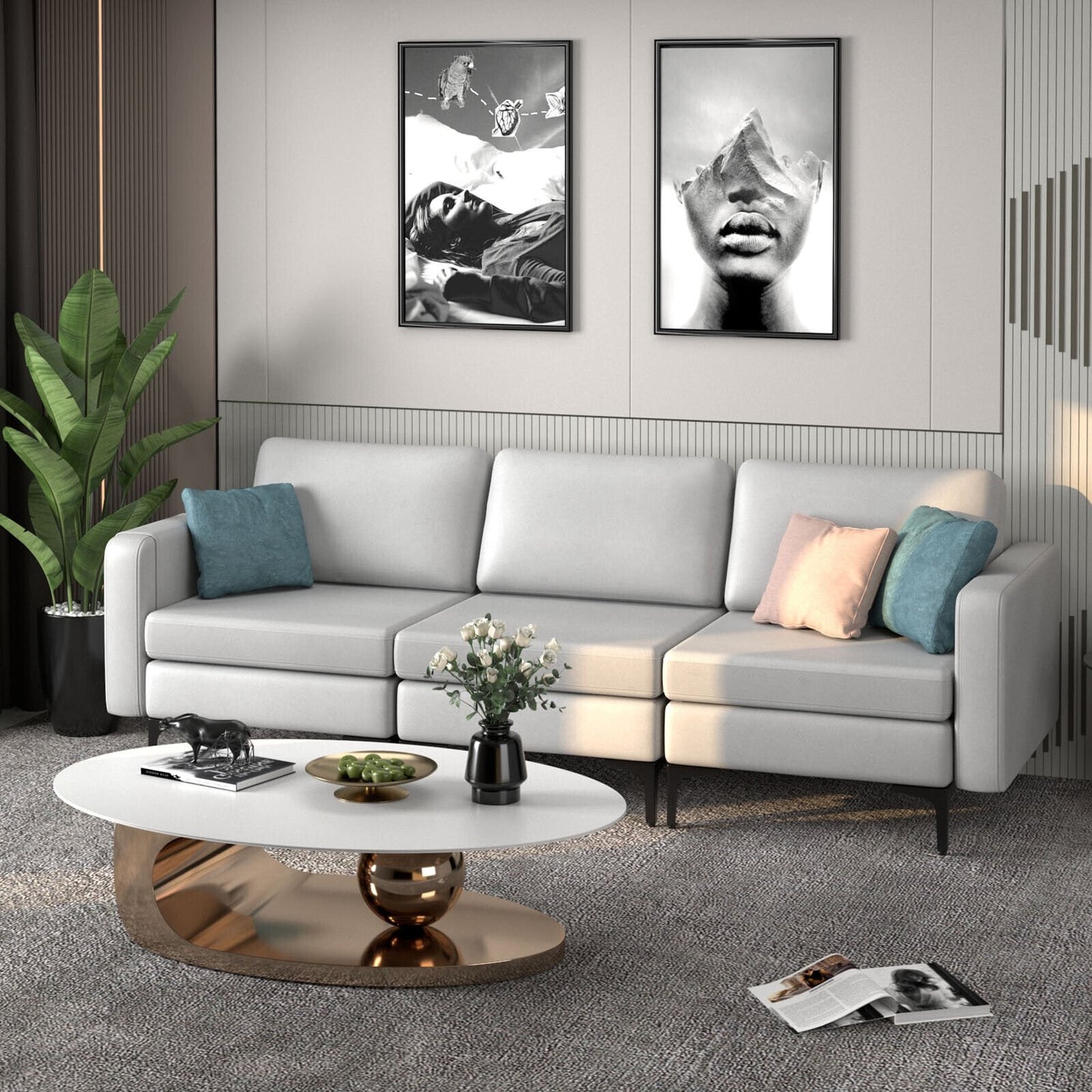 3-Seat Sectional Sofa Couch with Armrest Magazine Pocket and Metal Leg, Light Gray Sofas & Loveseats   at Gallery Canada