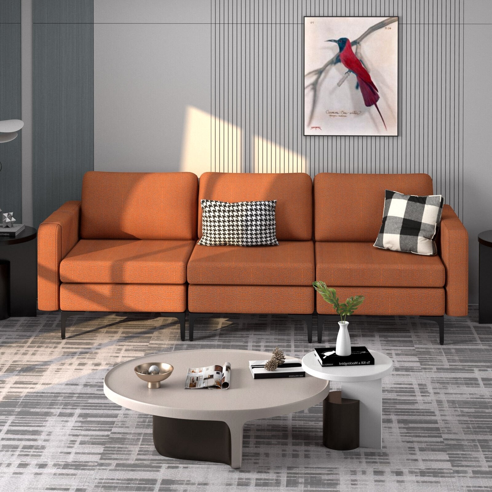 3-Seat Sectional Sofa Couch with Armrest Magazine Pocket and Metal Leg, Orange Sofas & Loveseats   at Gallery Canada