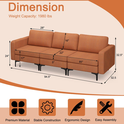 3-Seat Sectional Sofa Couch with Armrest Magazine Pocket and Metal Leg, Orange Sofas & Loveseats   at Gallery Canada