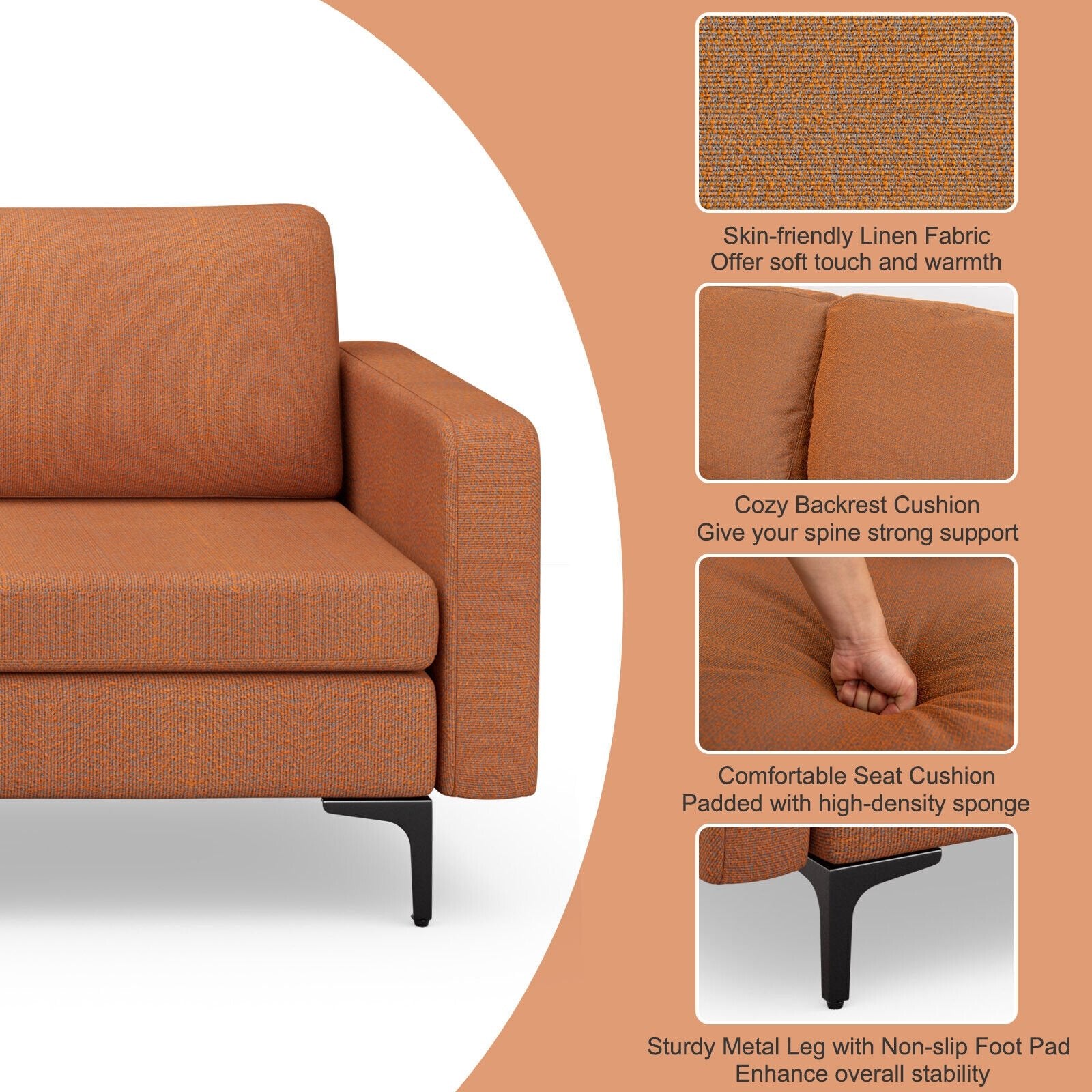 3-Seat Sectional Sofa Couch with Armrest Magazine Pocket and Metal Leg, Orange Sofas & Loveseats   at Gallery Canada