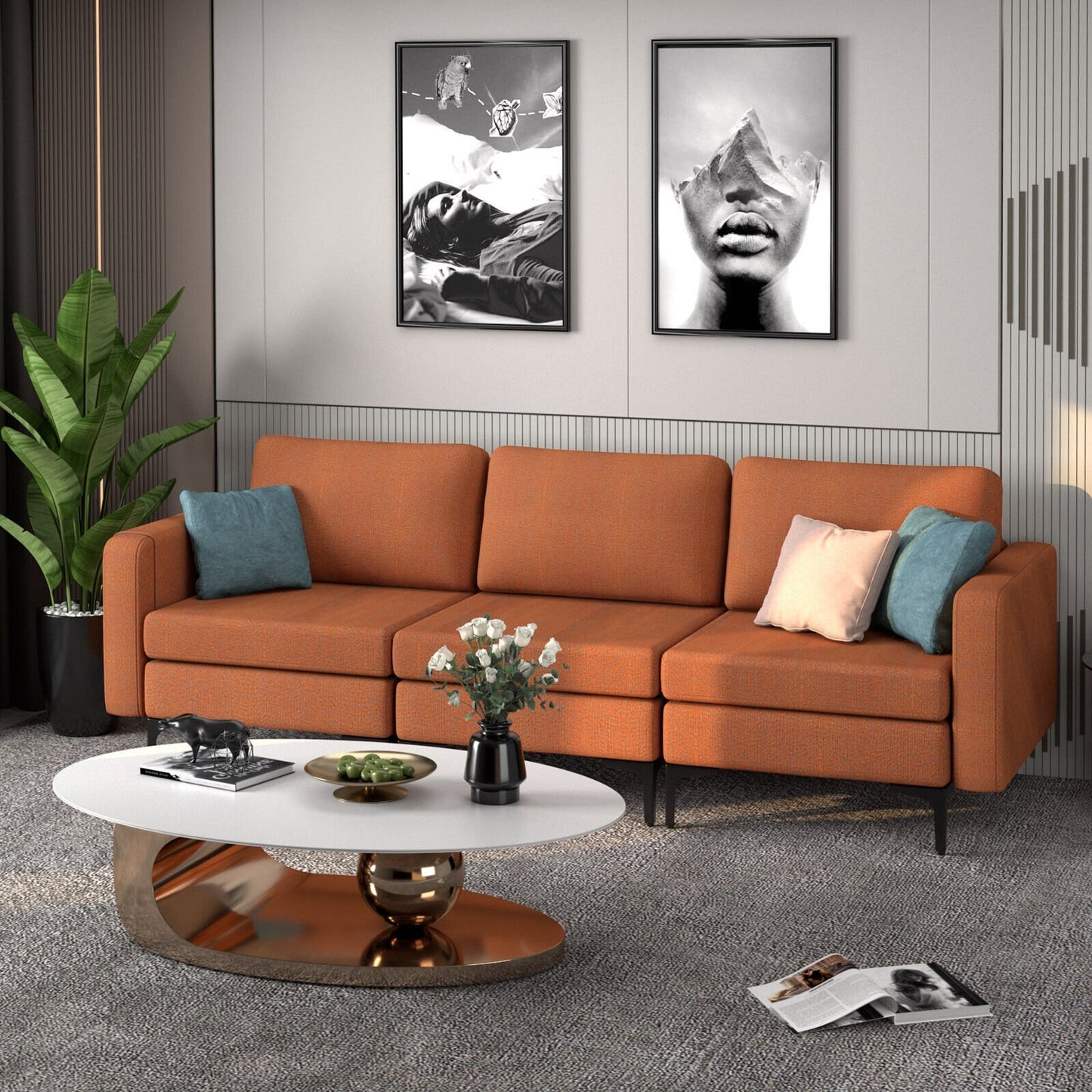 3-Seat Sectional Sofa Couch with Armrest Magazine Pocket and Metal Leg, Orange Sofas & Loveseats   at Gallery Canada