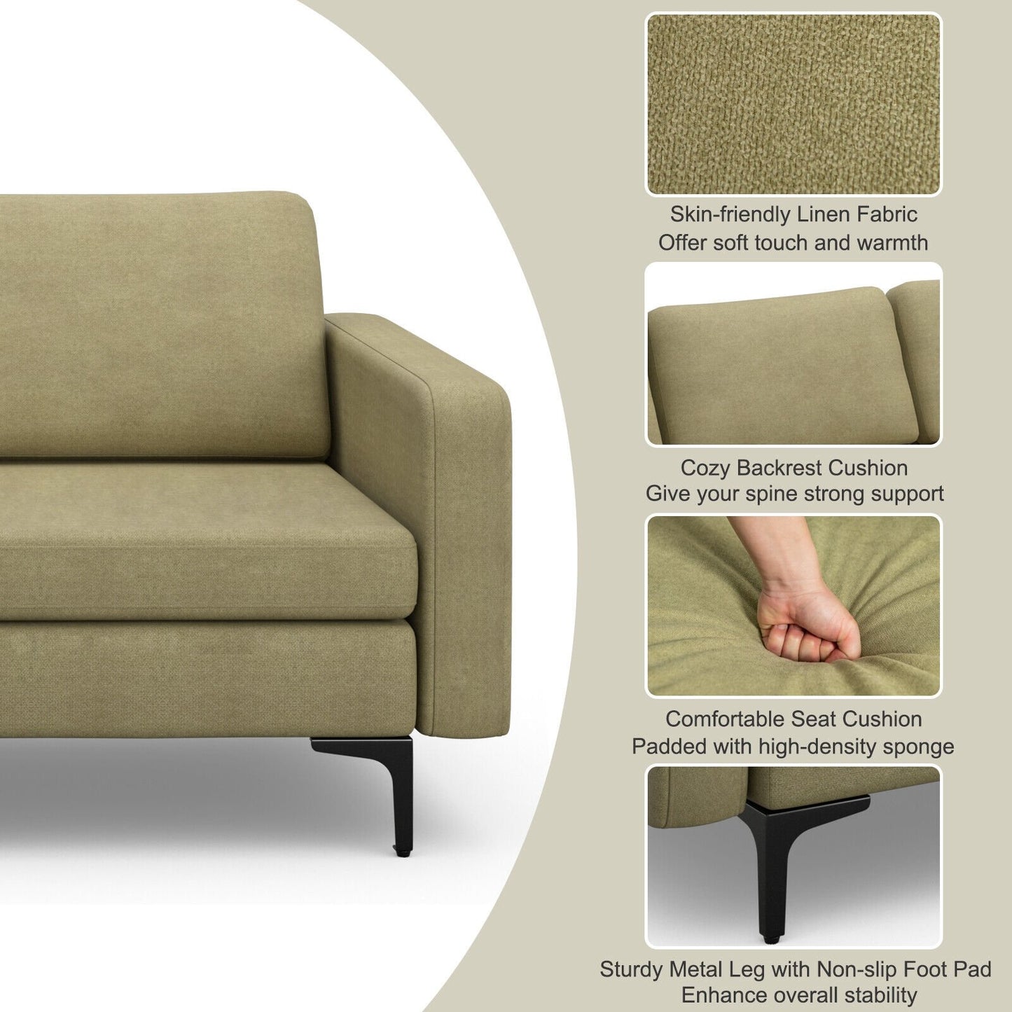 3-Seat Sectional Sofa Couch with Armrest Magazine Pocket and Metal Leg, Green Sofas & Loveseats   at Gallery Canada