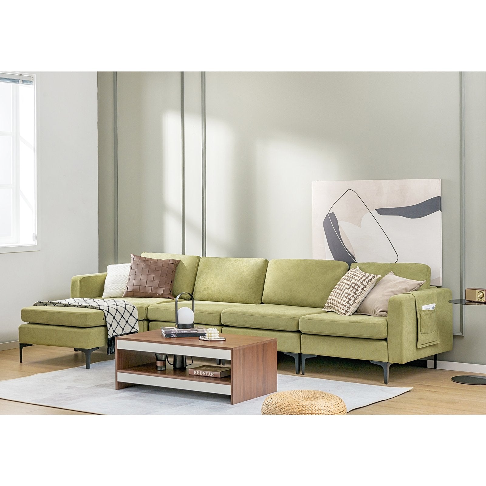 3-Seat Sectional Sofa Couch with Armrest Magazine Pocket and Metal Leg, Green Sofas & Loveseats   at Gallery Canada