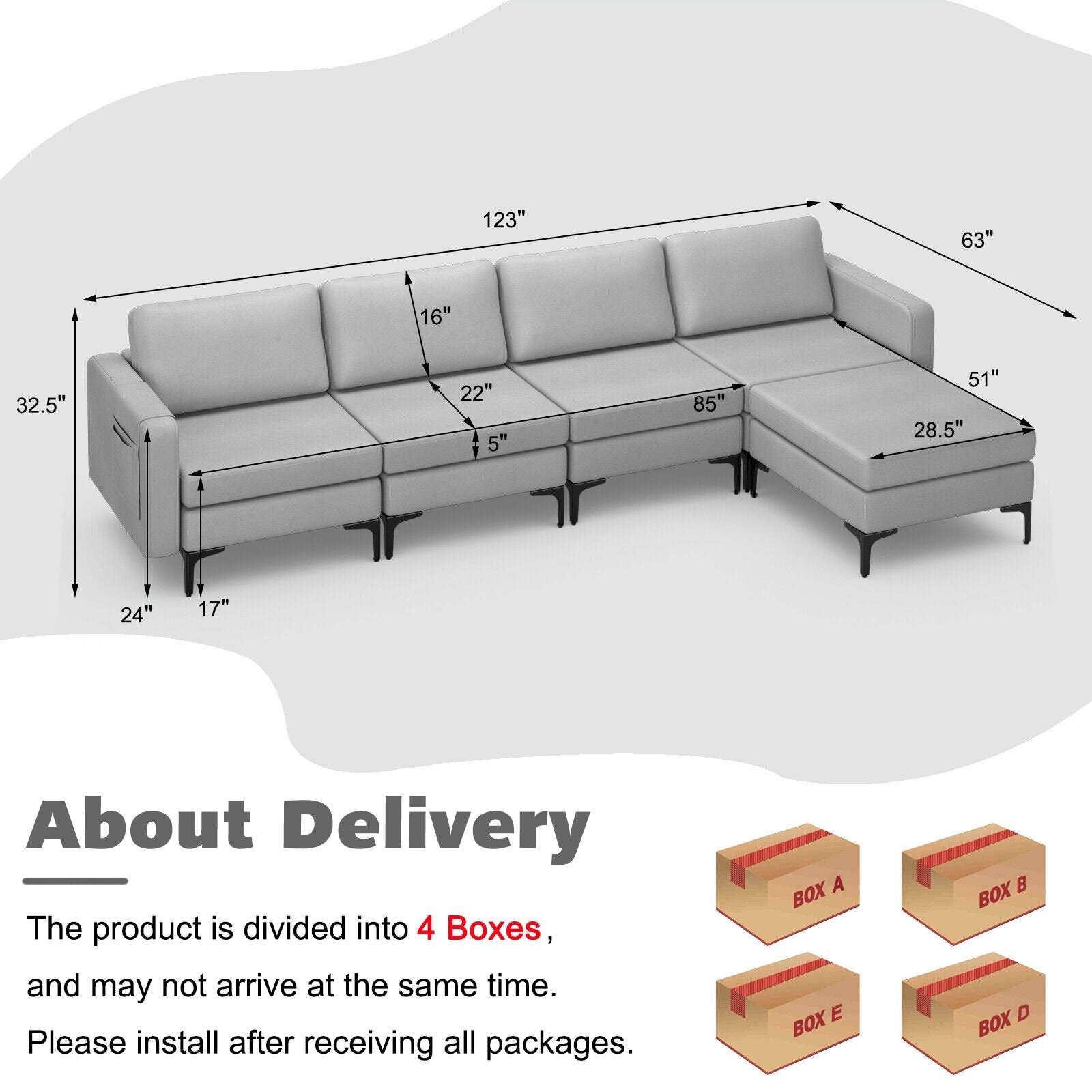 Modular L-shaped Sectional Sofa with Reversible Ottoman and 2 USB Ports, Light Gray Sofas & Loveseats   at Gallery Canada