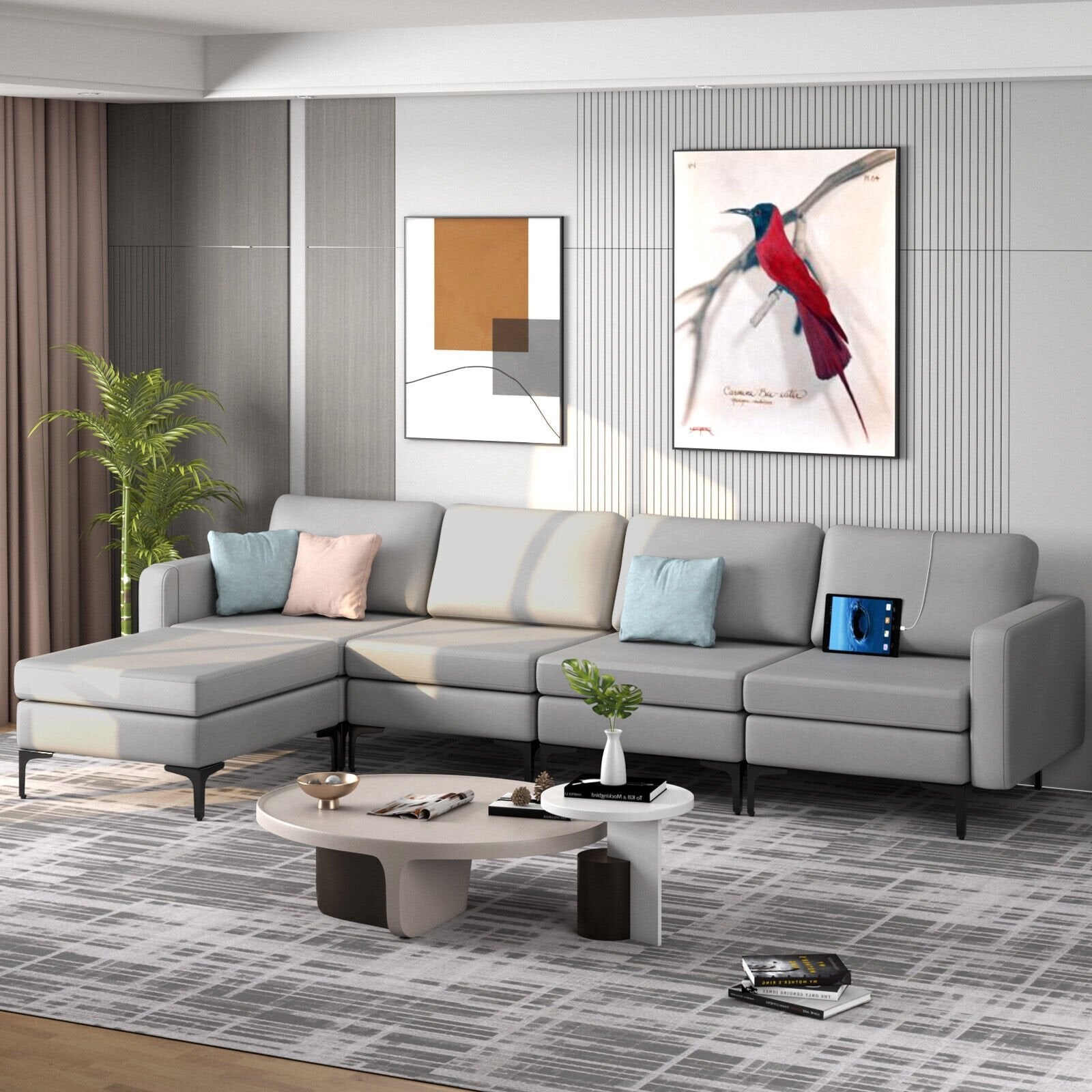 Modular L-shaped Sectional Sofa with Reversible Ottoman and 2 USB Ports, Light Gray Sofas & Loveseats   at Gallery Canada