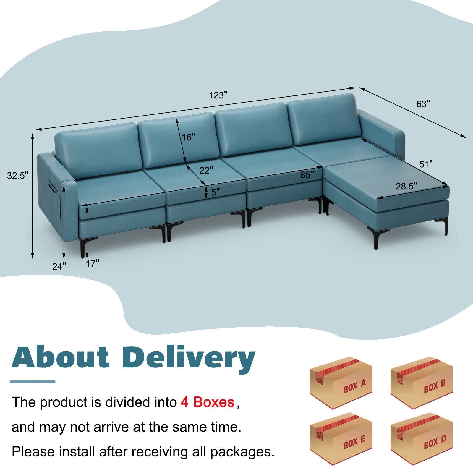 Modular L-shaped Sectional Sofa with Reversible Ottoman and 2 USB Ports, Blue Sofas & Loveseats   at Gallery Canada